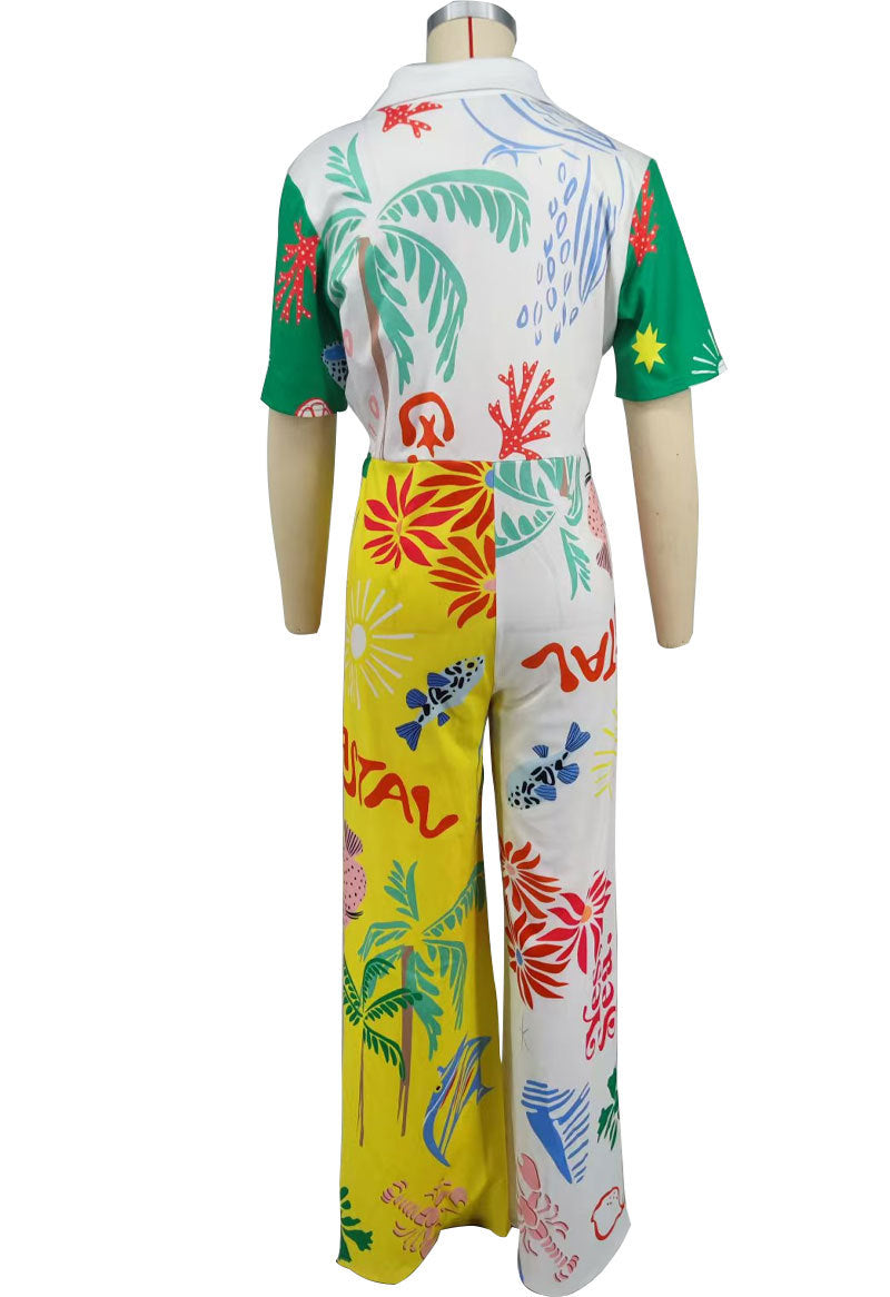 Women's Printed Short Sleeve Casual High Waist Wide Leg Fashion Jumpsuit 7