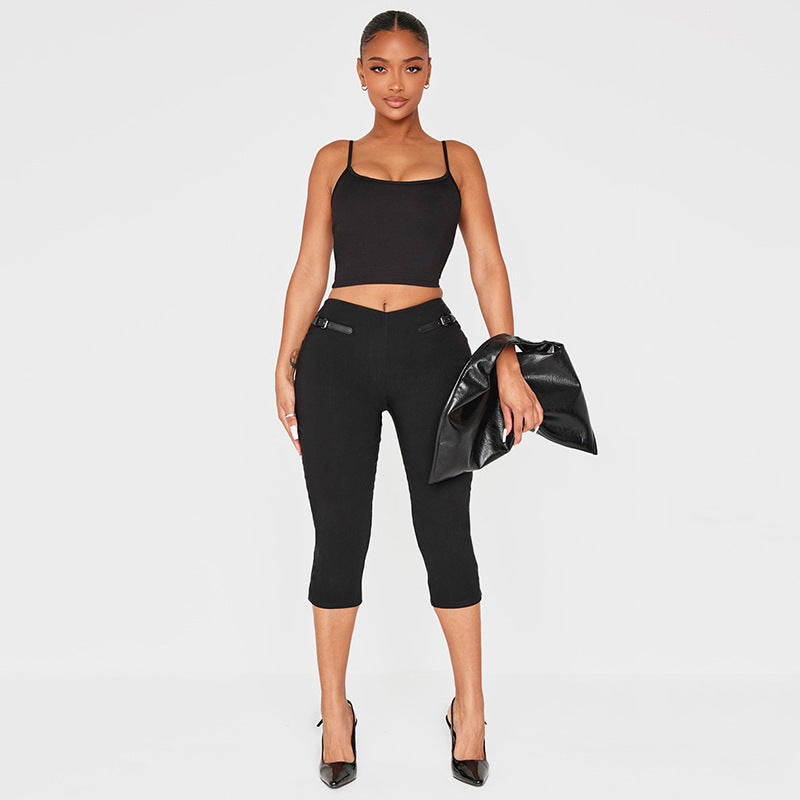 Women's Spring Summer Low-Rise Solid Slim Fitted 7/8 Casual Pants 3