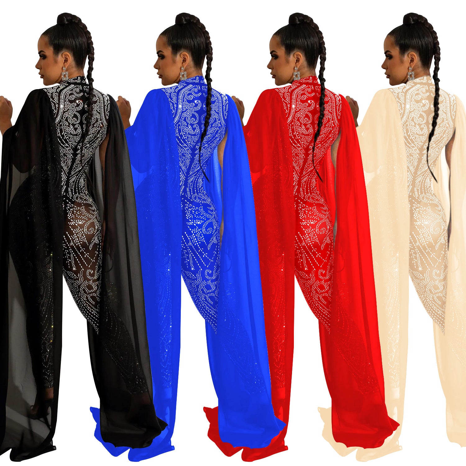 Women Beaded Mesh See-Through Slit Sleeve Jumpsuit 9