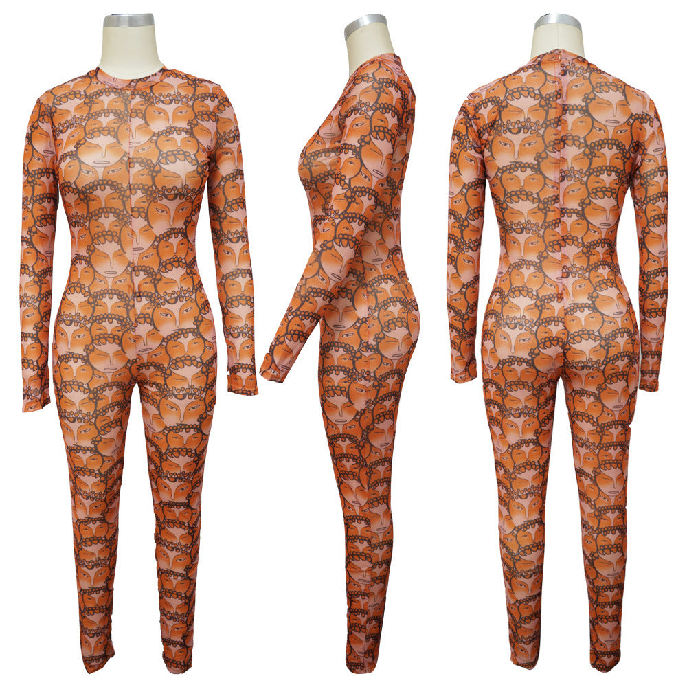 Women Printed Sexy See-Through Jumpsuit 8