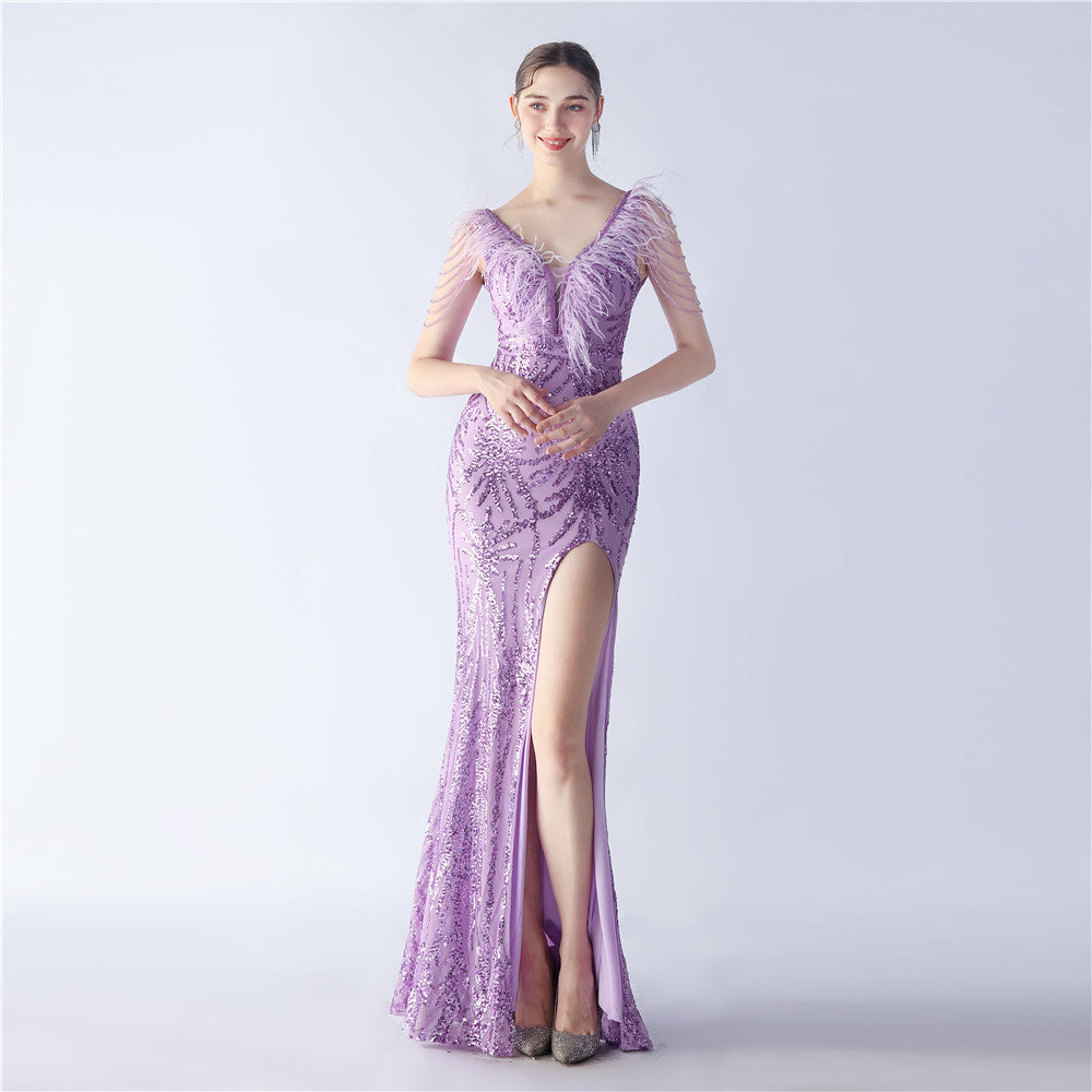 Elegant Feather And Beaded Long Sequined Evening Dress 17
