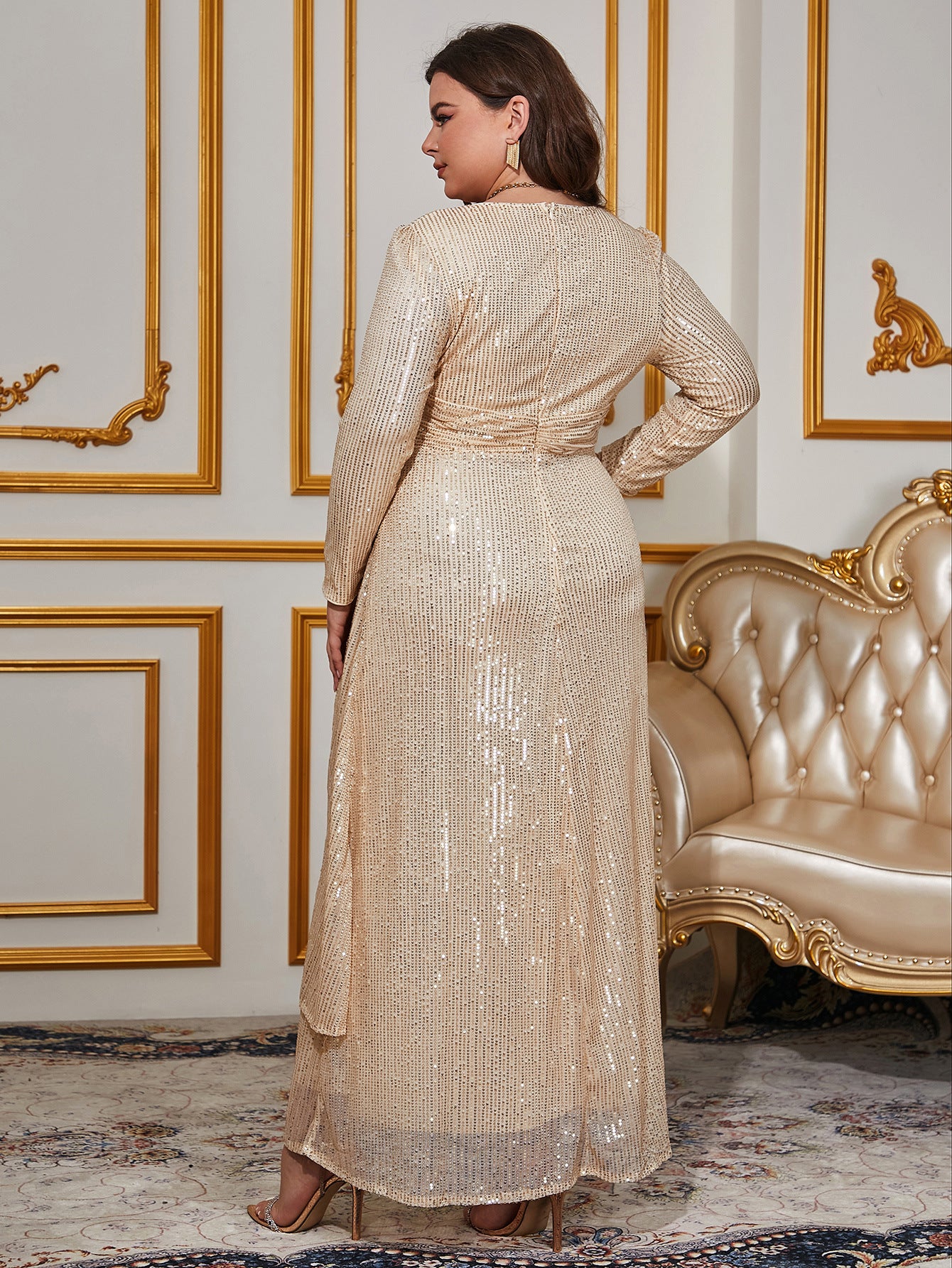 Fashion Chic Elegant Solid Color Sequined Long Sleeve V-Neck Slim Formal Party Women's Evening Dress