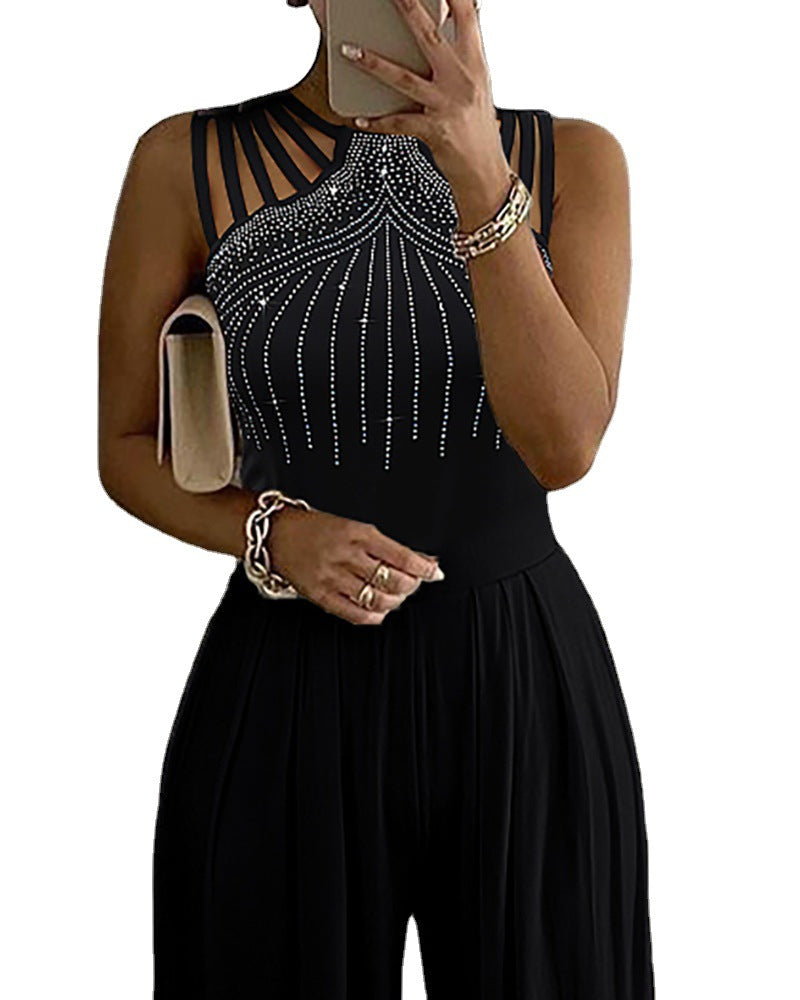 Slim Waist Hollow Out One-Piece Solid Summer Beaded Wide-Leg Jumpsuit 6