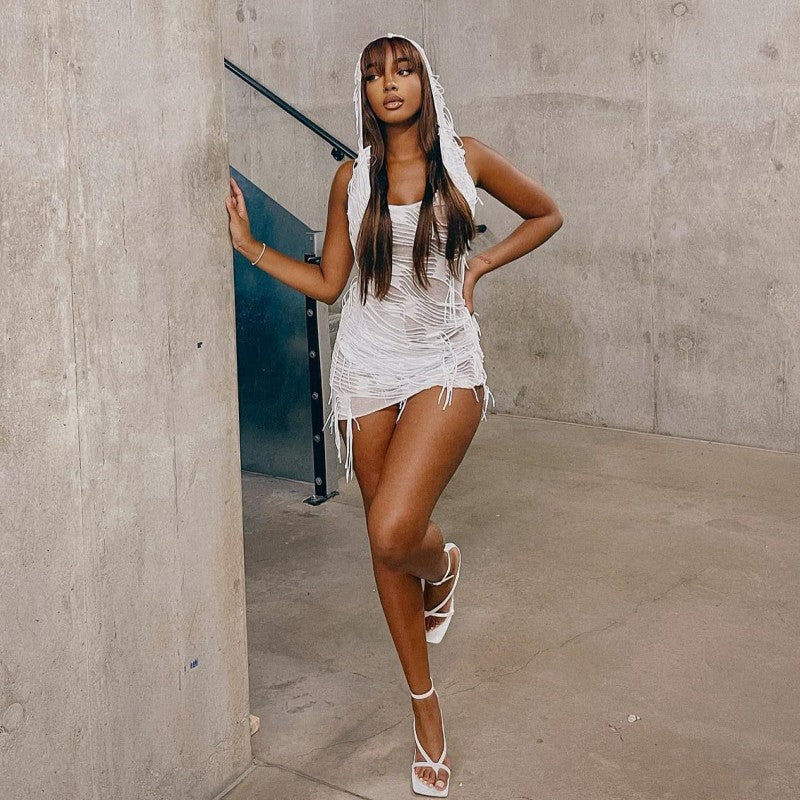 Women summer Solid Casual sleeveless hooded tassel dress 3