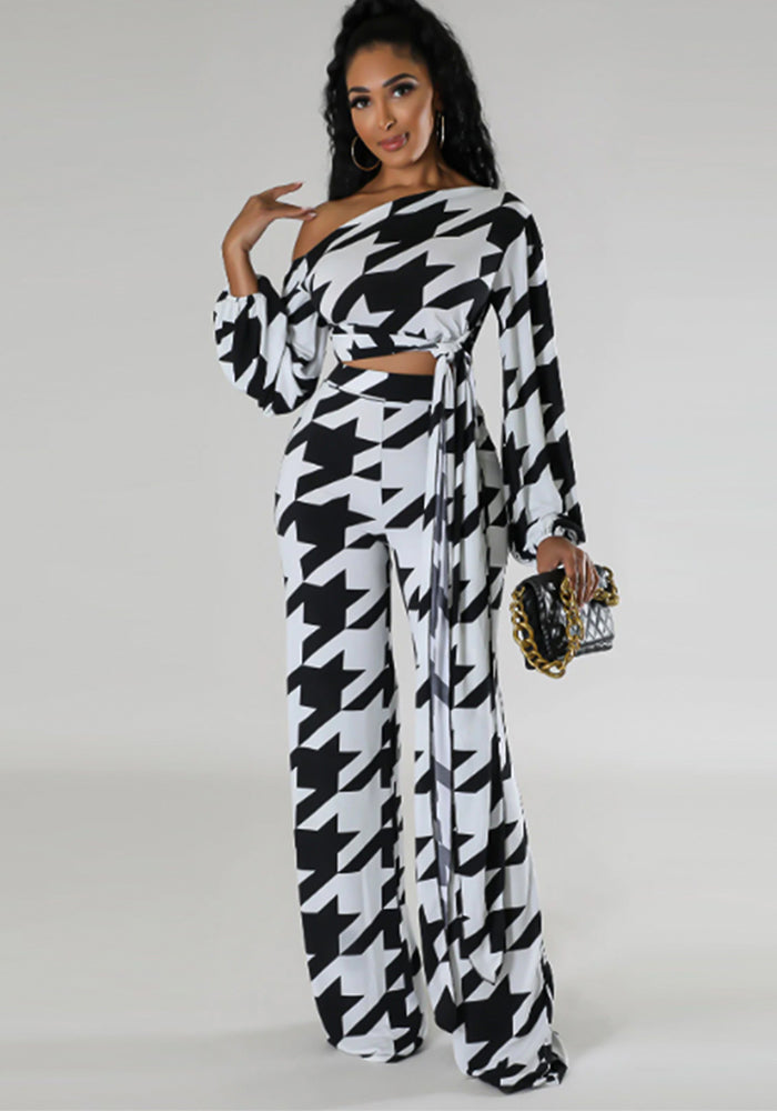 Women Printed Plaid Lace-Up Slash Shoulder Top and Pant Two-piece Set