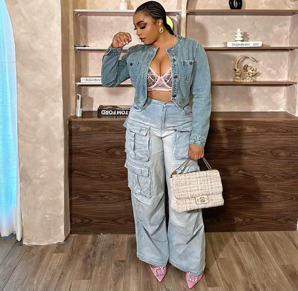 Women multi-pocket washed denim wide-leg pants