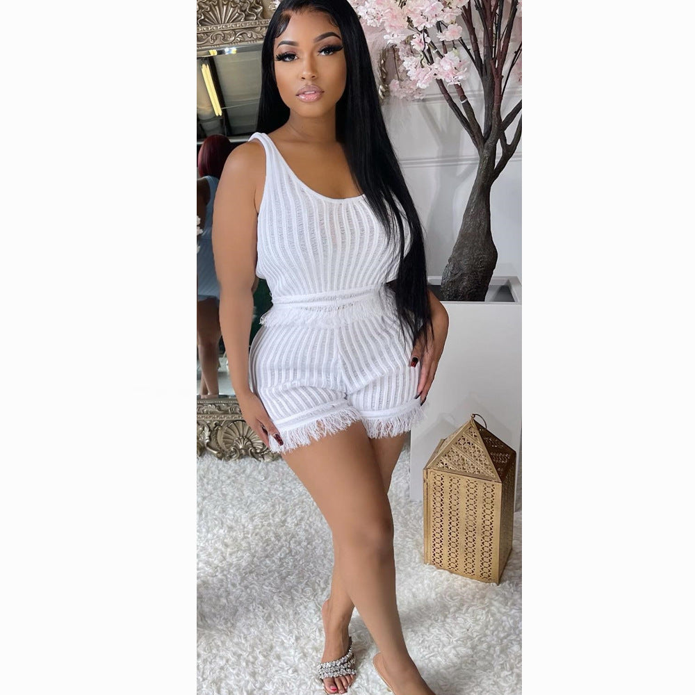 Women'S Sweet Solid Color Tassel Two-Piece Shorts Set