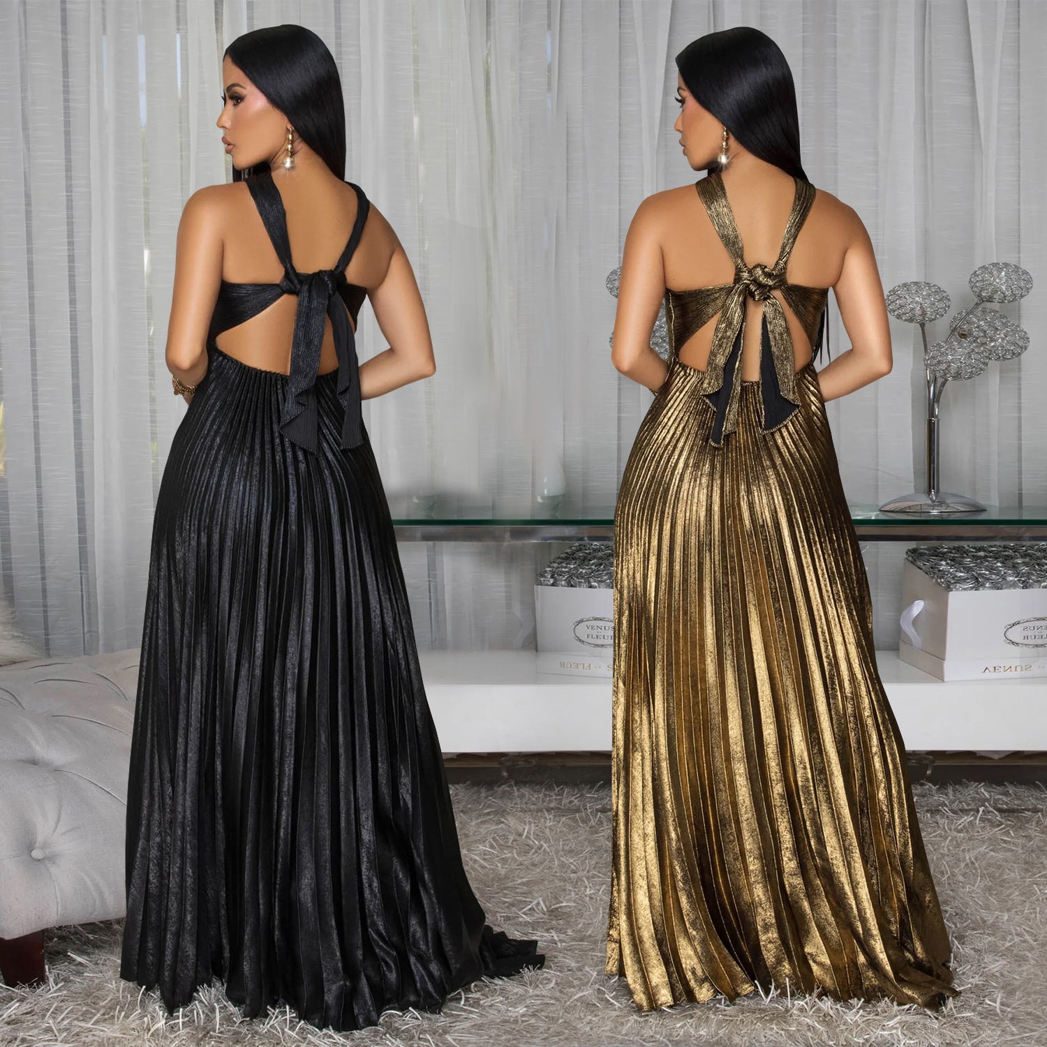 Fashion Women's Elegant Shiny Solid Color Pleated Long Dress