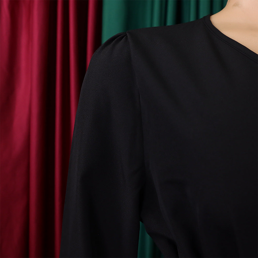 V-Neck Chic Elegant Slim Waist Belted Pleated High Waist Plus Size Dress 36