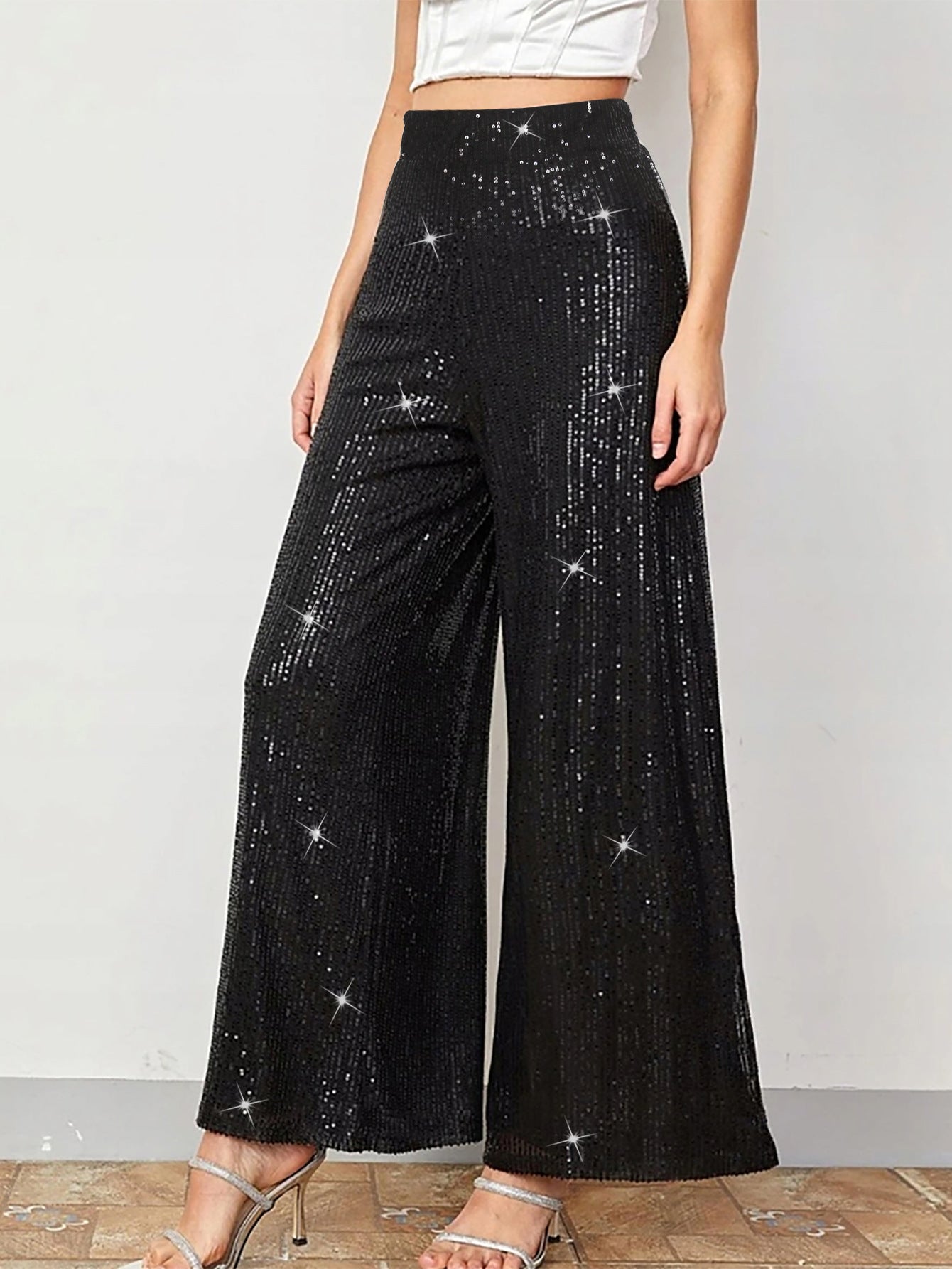 Women Elegant Sequin Party Wide Leg Pants 6