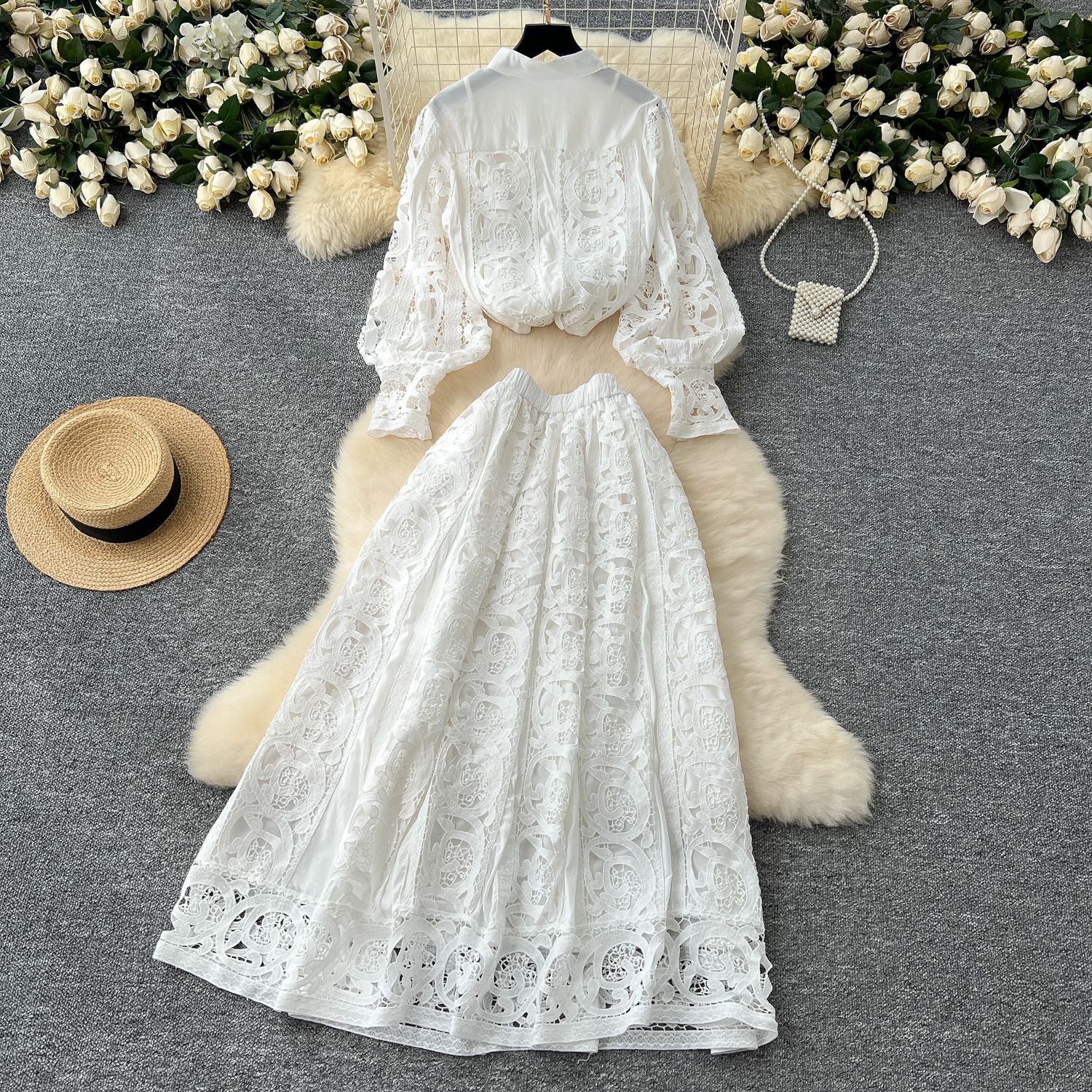 Autumn Lace Sheer Embroidered Blouse High Waist Midi Skirt Set 9