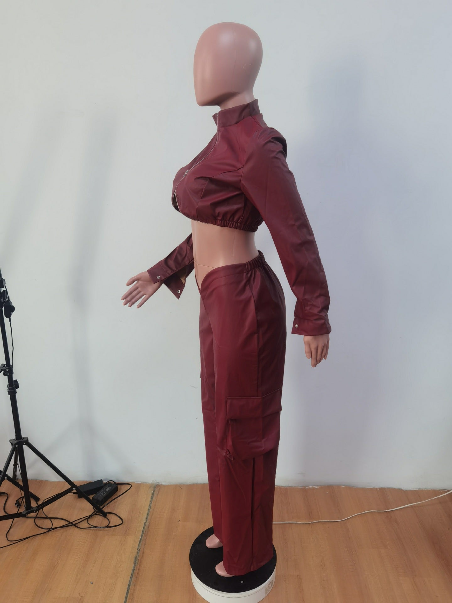 Women's Autumn And Winter Pu Leather Zipper Top Pants Sexy Two-Piece Set 15