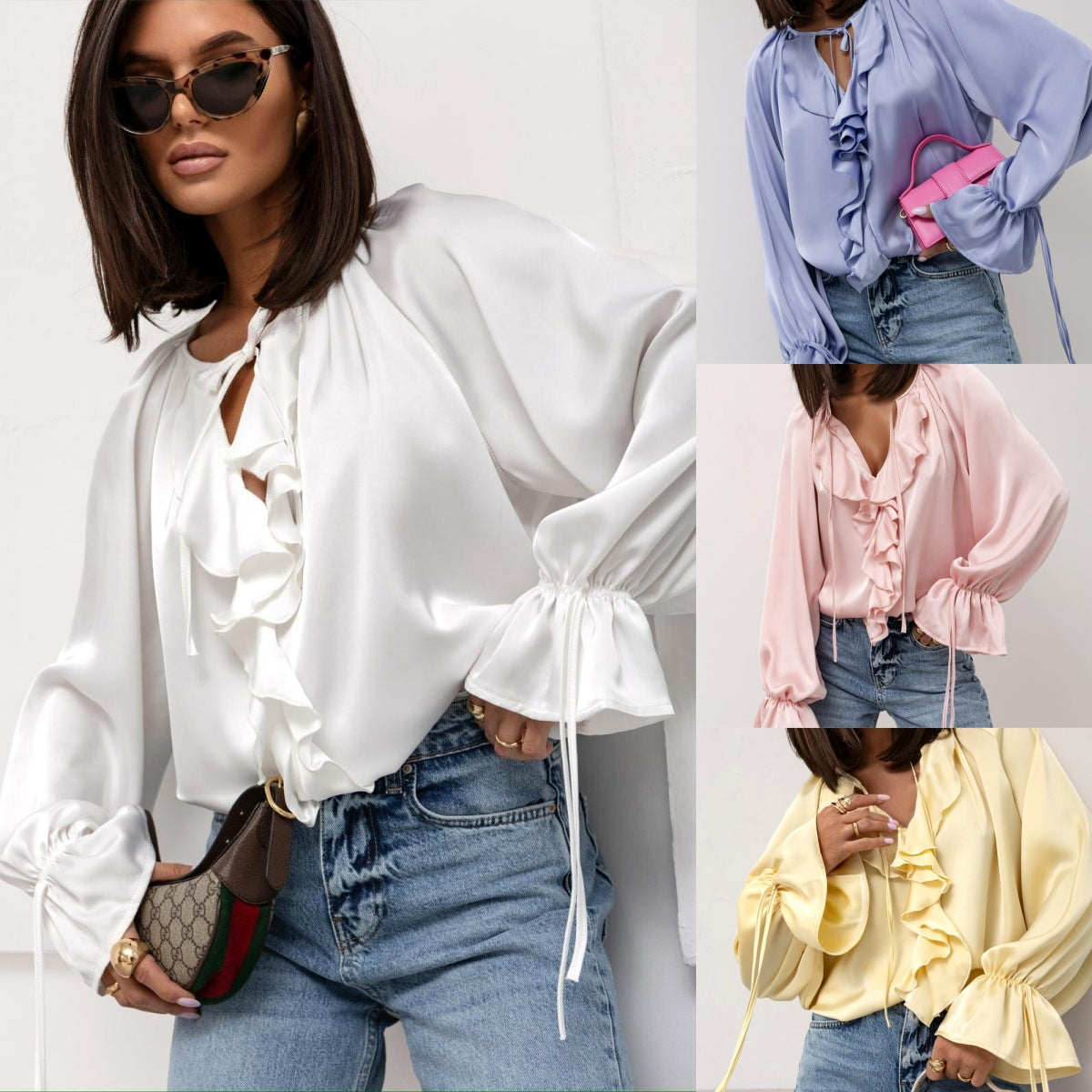 Women Spring ruffled Bell Bottom sleeve V neck lace shirt 7