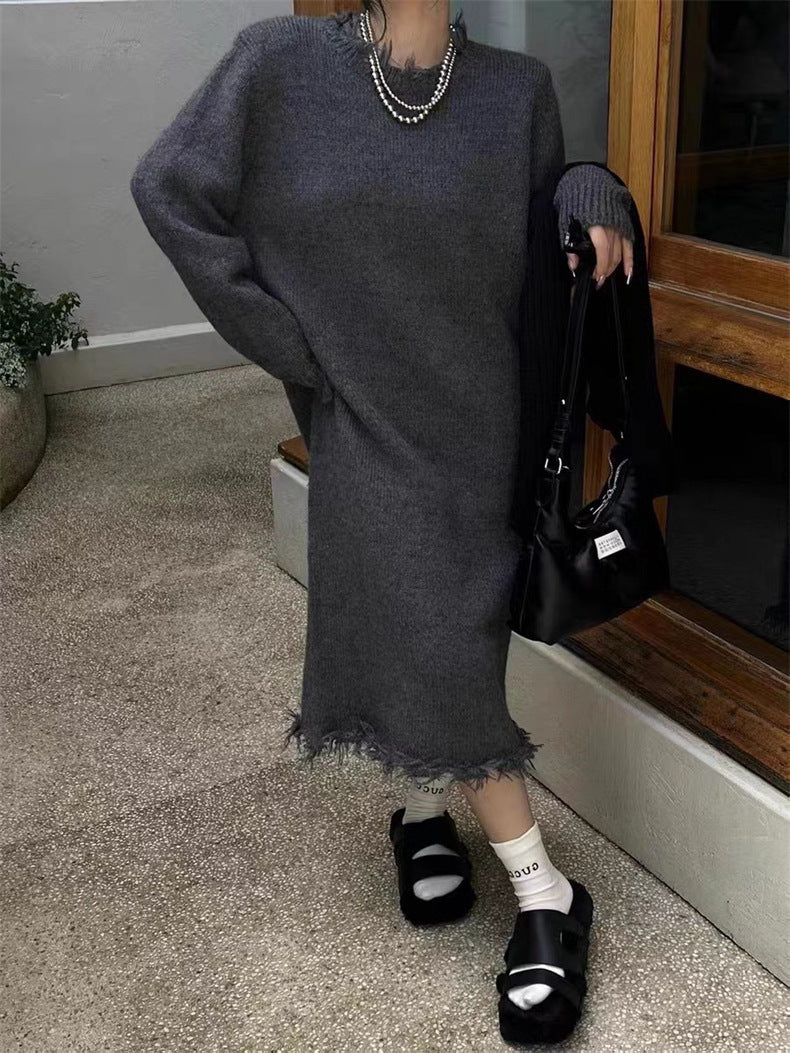 Long Ripped Raw Edge Knitting Dress Women's Autumn And Winter Loose Long Sleeve Basic Shirt 4