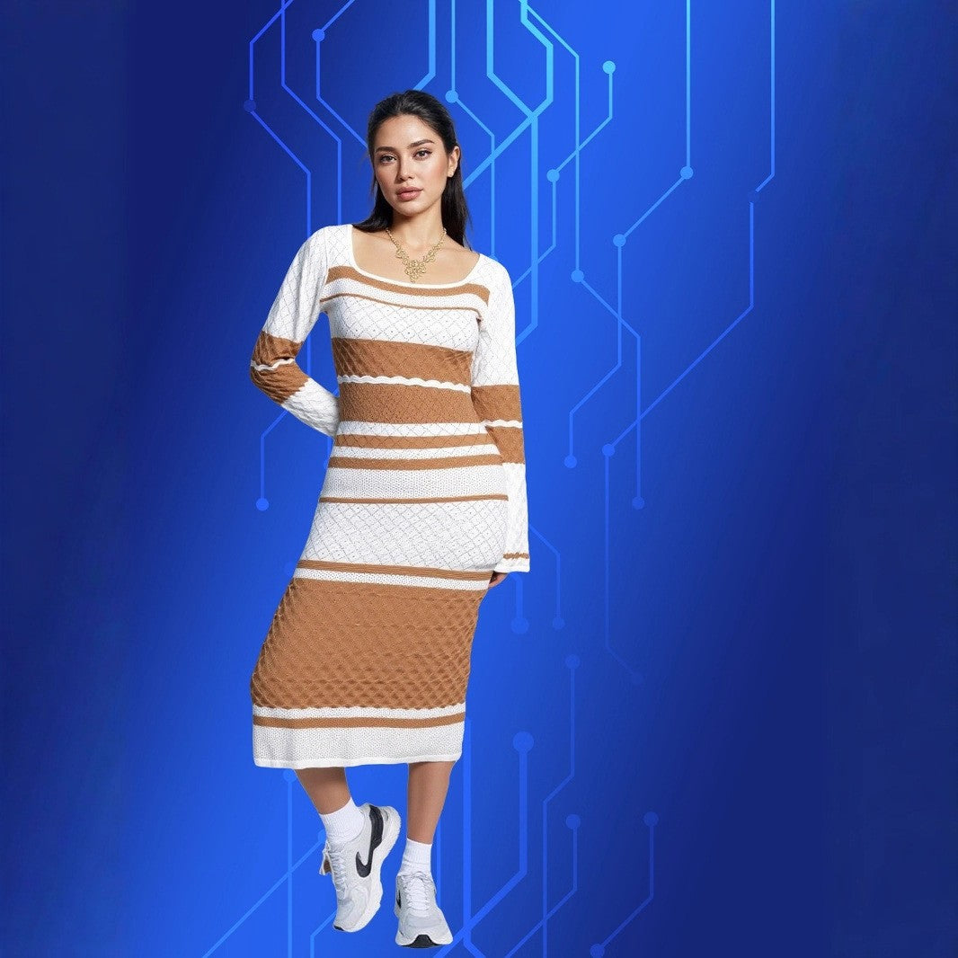 Autumn Multi-Color U-Neck Sexy Cut-Out Long-Sleeve Knit Long Dress 9