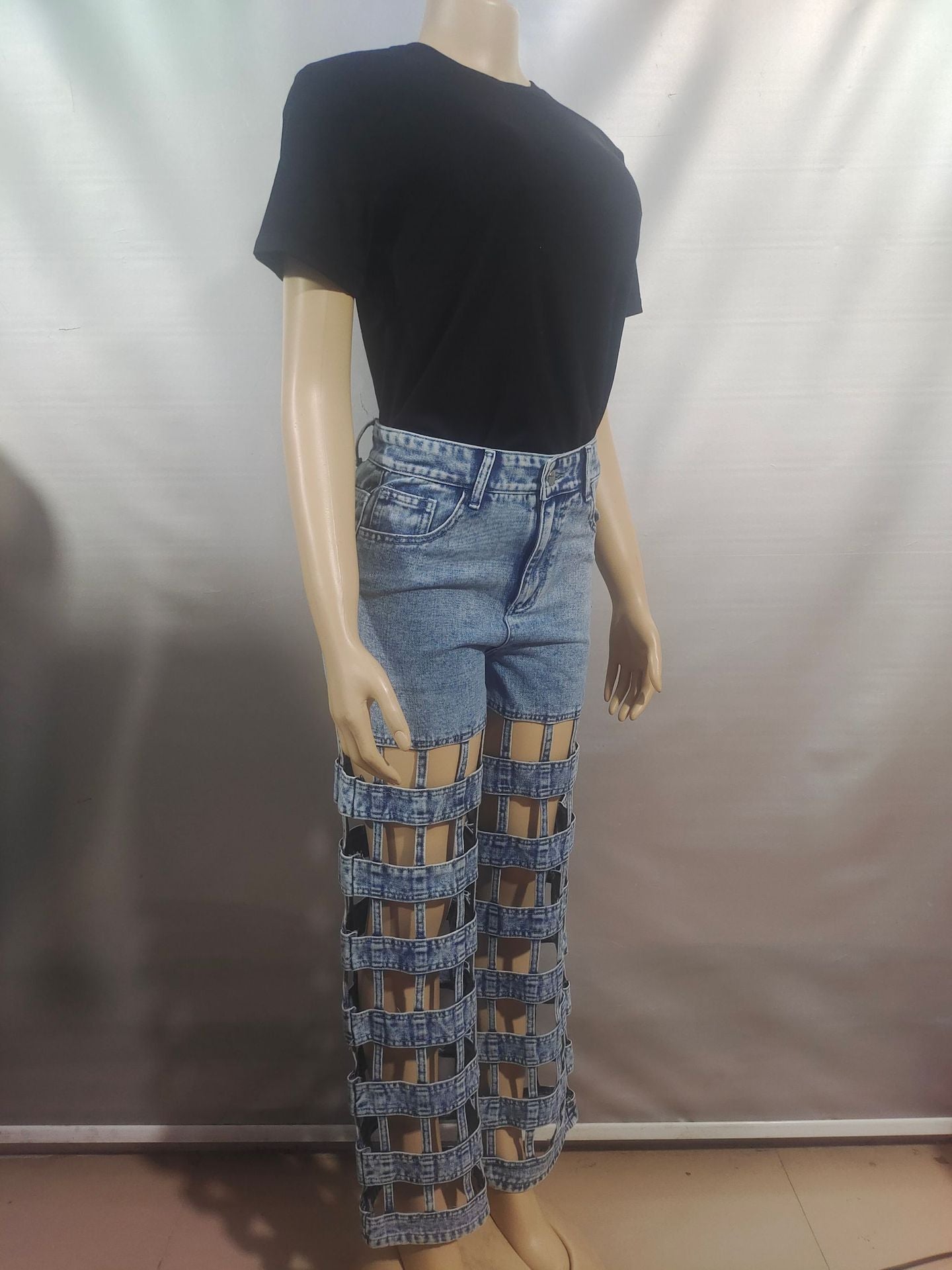 Ripped Denim Street Fashion Hollow High-Waist Straight Pants for Women 8