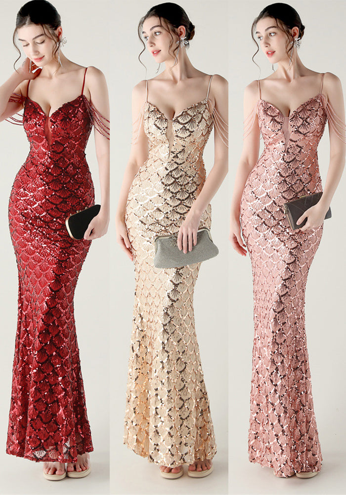 Deep V Strap Sequin Fishtail Evening Dress for Formal Occasions