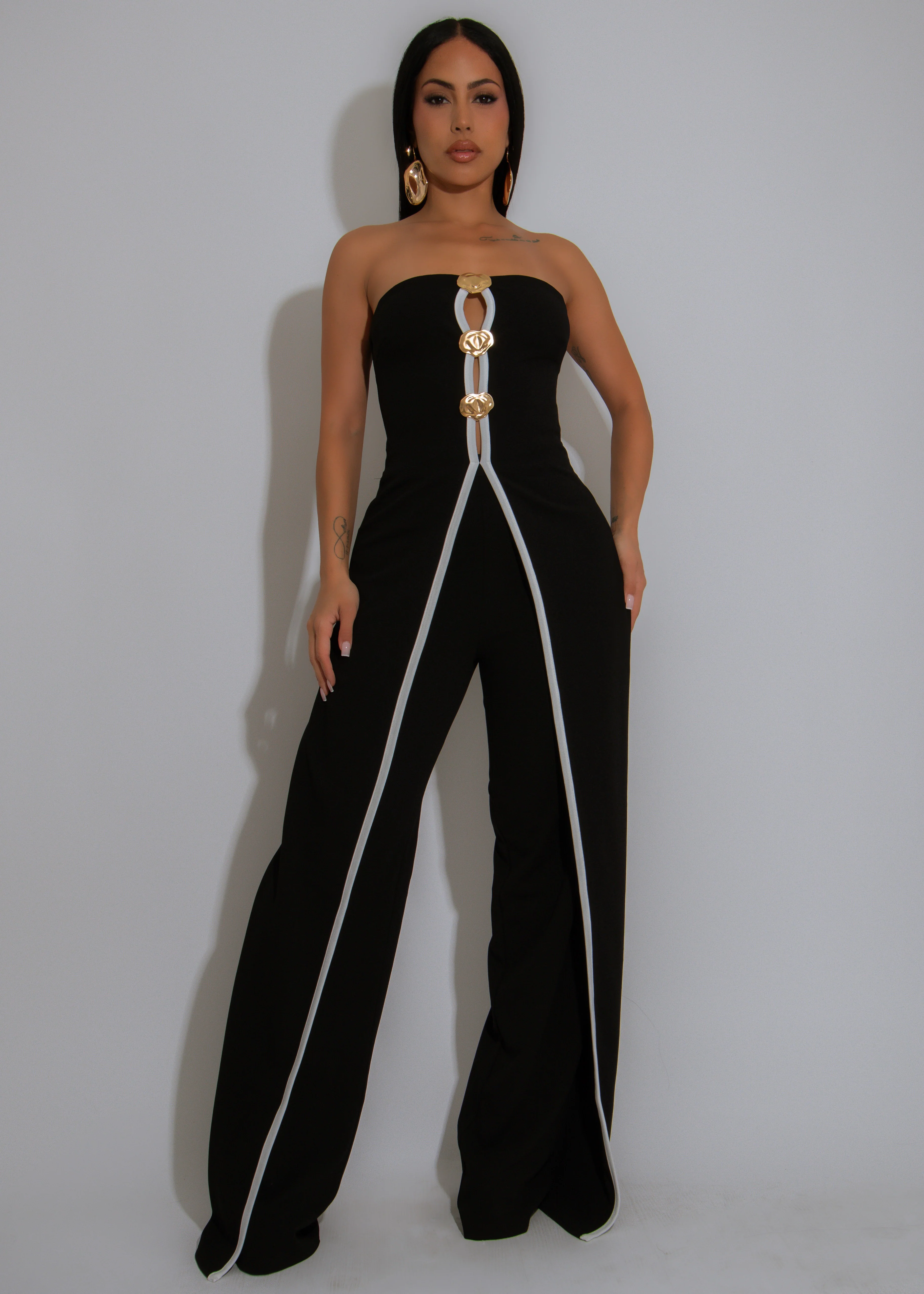 Women Sexy Strapless Metal Button Sleeveless Wide Leg Pants