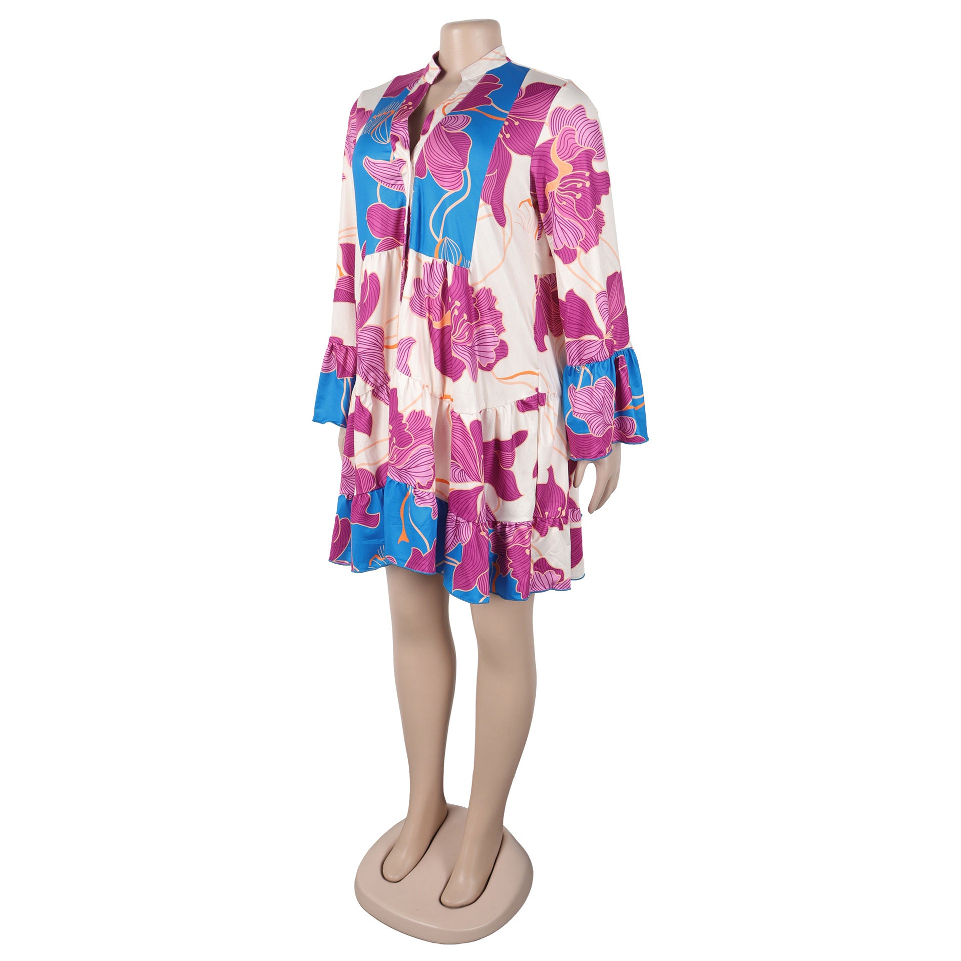 Women Elegant Floral Print V-Neck Patchwork Contrast Color Mini Dress 23