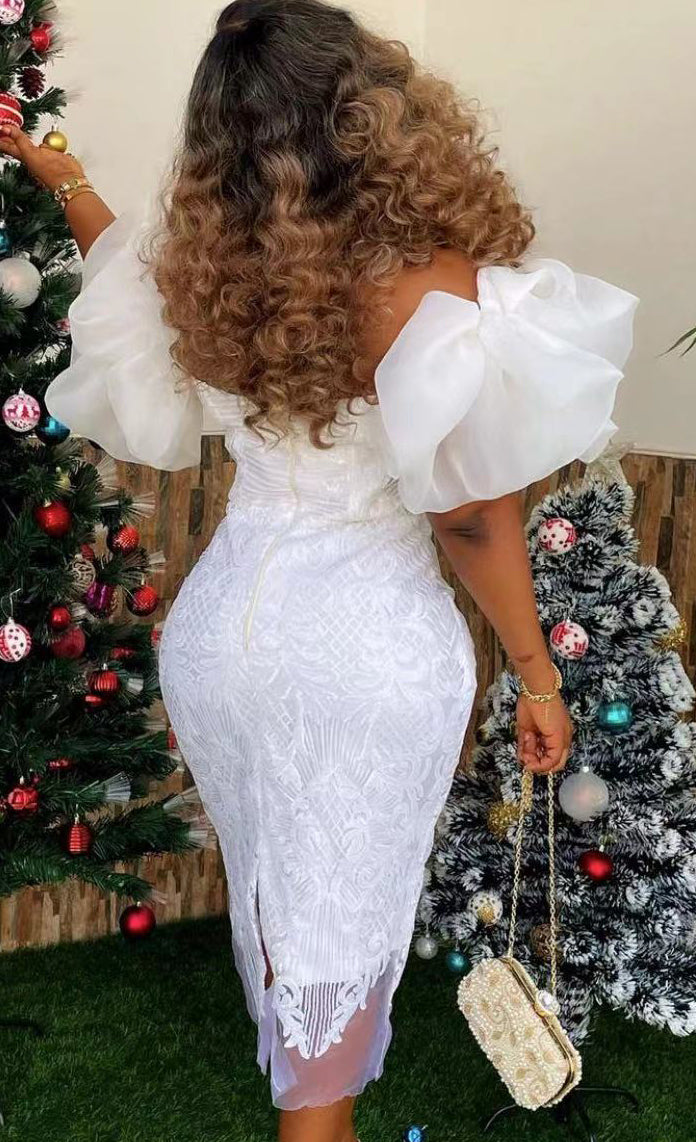 V-Neck Lace Chic Slim Waist Bubble-Sleeve Slit Dress 3