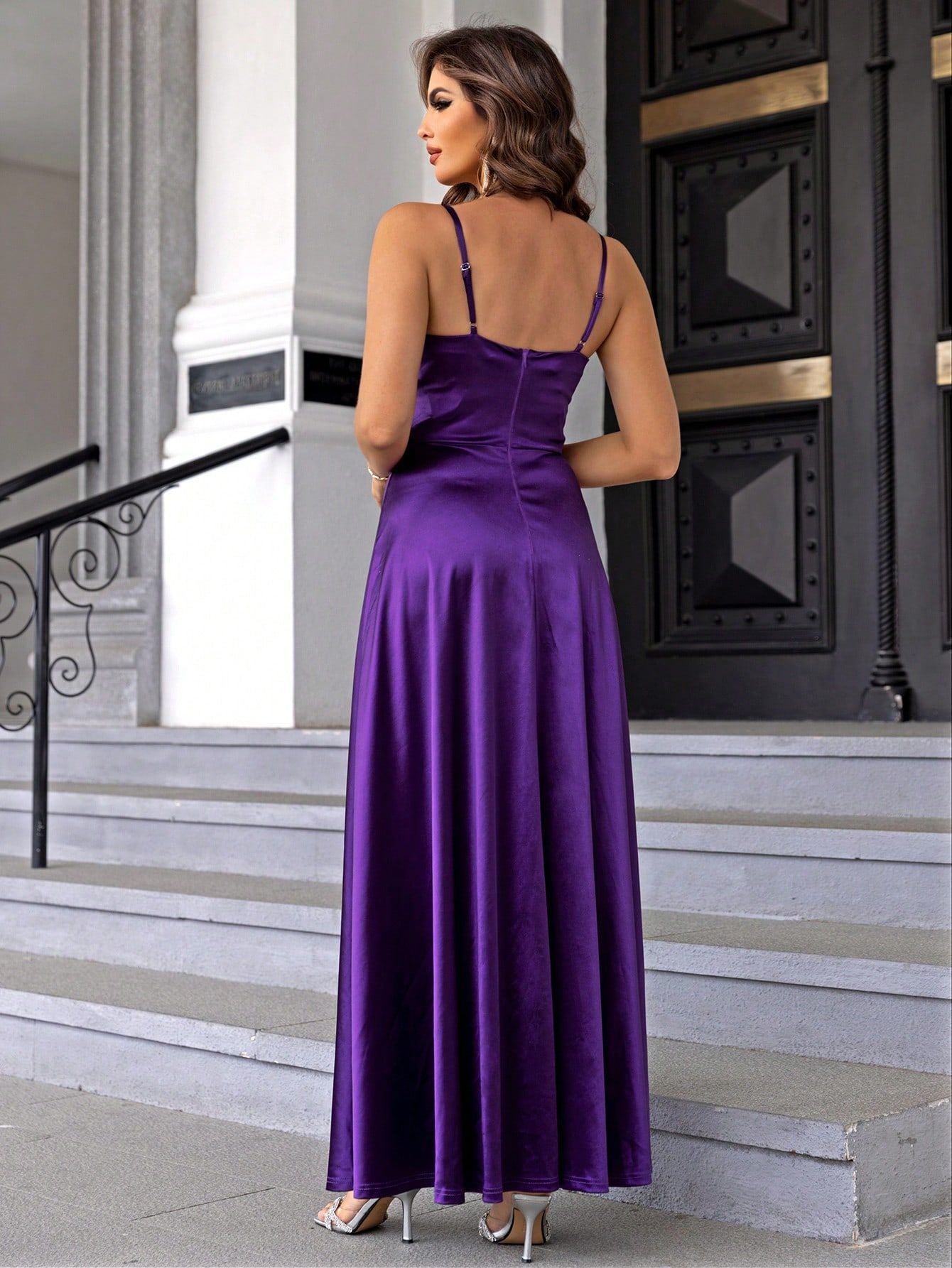 Women Solid Satin Evening Dress 5