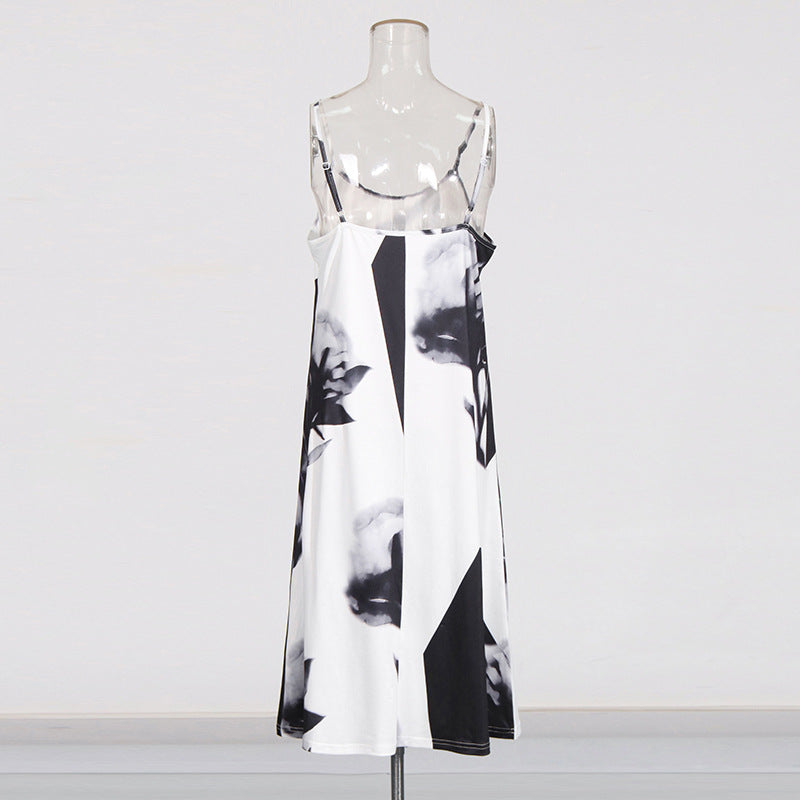 Women Vintage Paint Print Belt V-neck Long Sleeve Dress 25