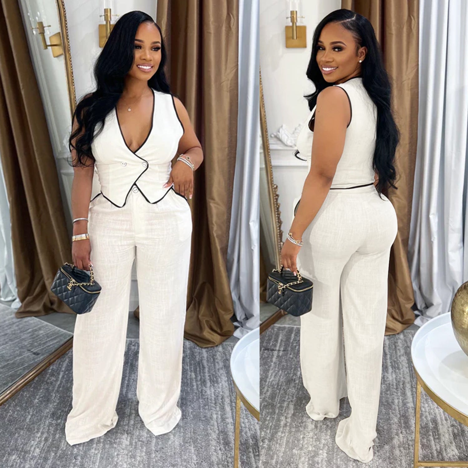 Women casual v-neck button top and trousers two-piece suit 5