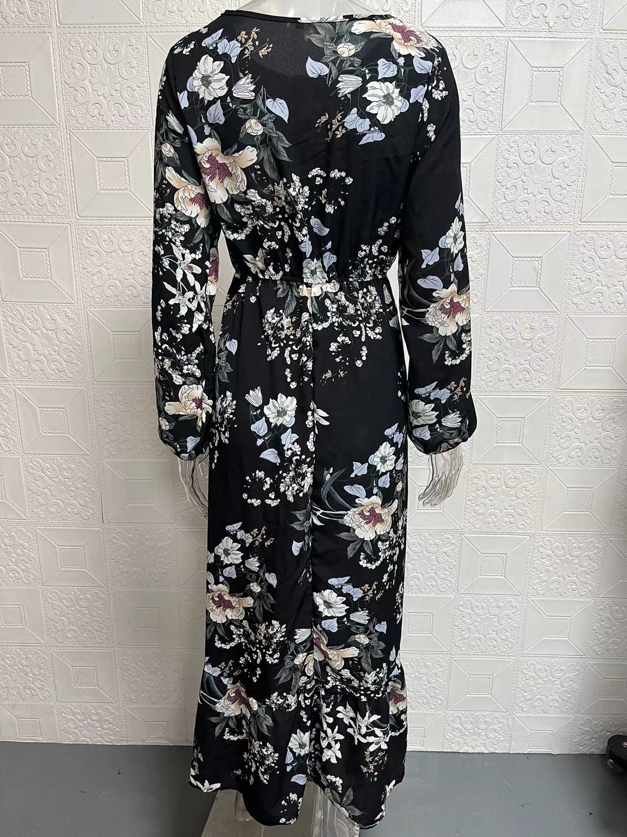 Women Long Sleeve Printed Round Neck Floral Dress 13
