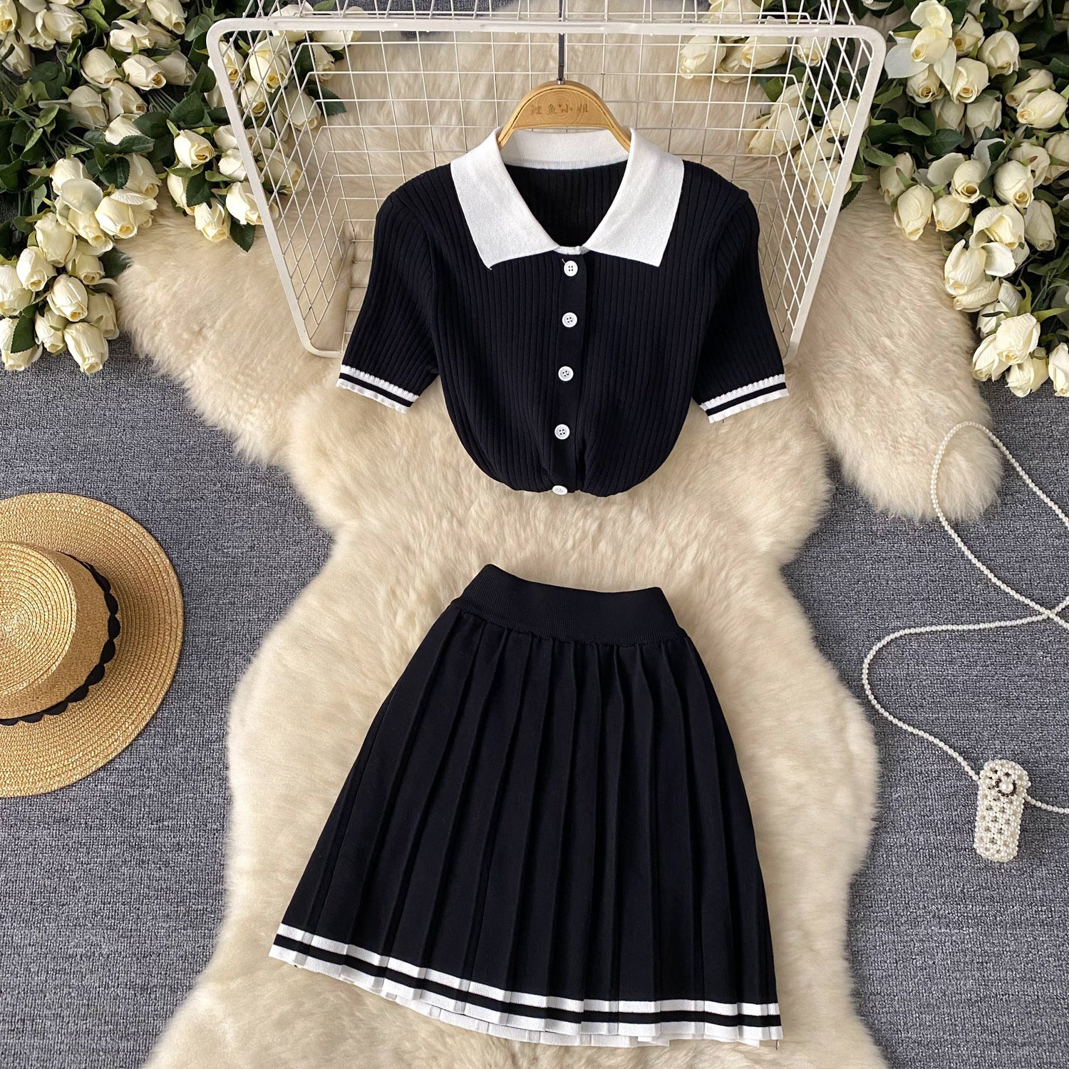 Contrast Turndown Collar Short-Sleeved Shirt Top High Waist Slim Fit Pleated Skirt Two Piece Set 10