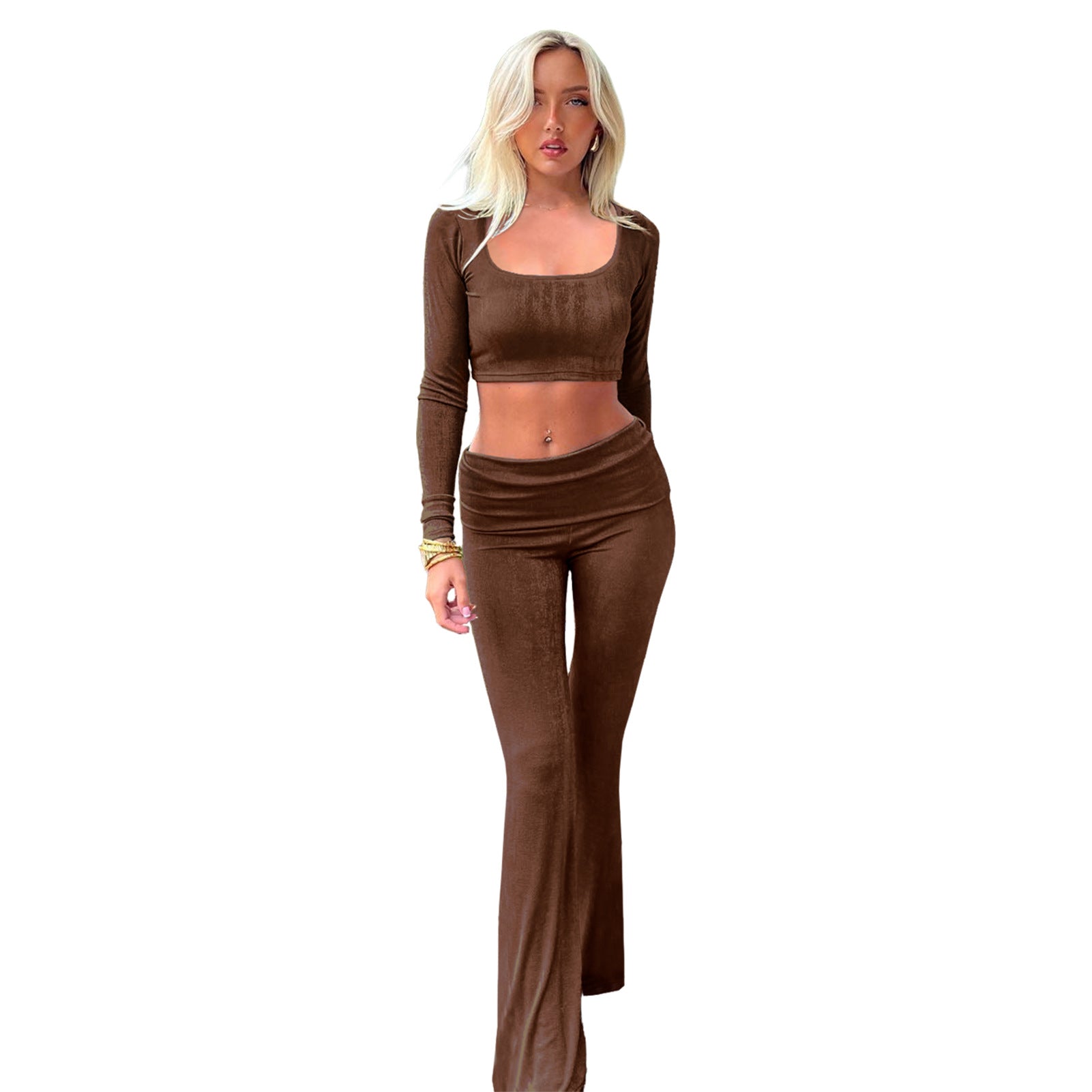 Women's Fashion Solid Color Square Neck Top Low-Waist Bell Bottom Pants Set 12