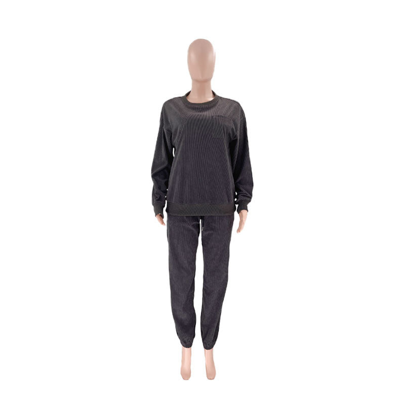 corduroy solid color Round Neck pullover long-sleeved two-piece fashion trouser suit women 28