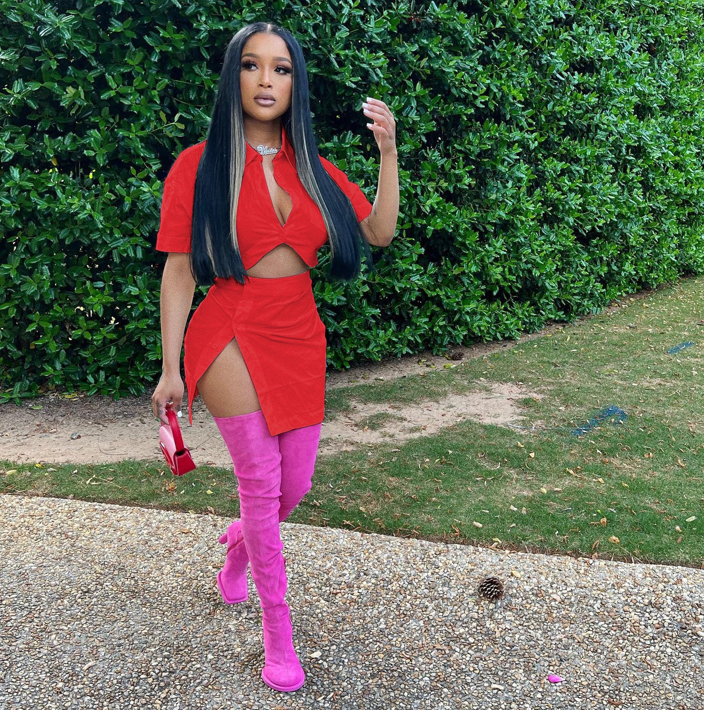 Women's fashion sexy solid color button Crop Shirt split skirt two-piece set 6