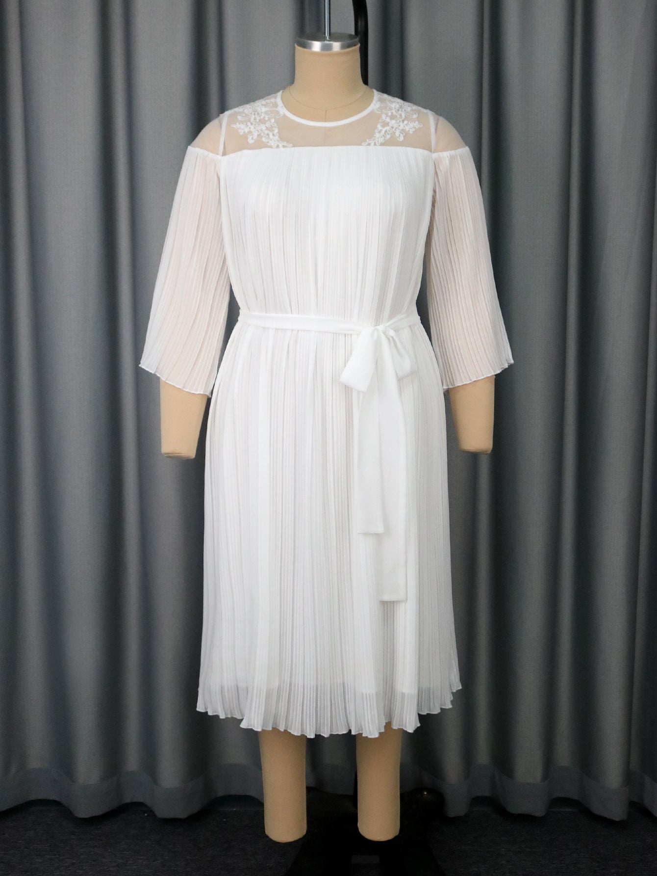 Plus-Size Women Elegant White Cutout Mesh Long-Sleeved Ruffled Belted Chiffon Dress 4