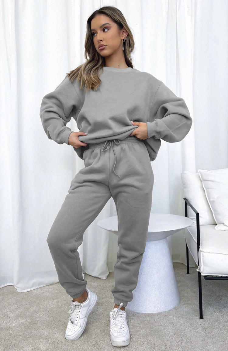 Solid Round Neck Pullover Pants Women's Fashion Casual Long Sleeve Hoodies Set