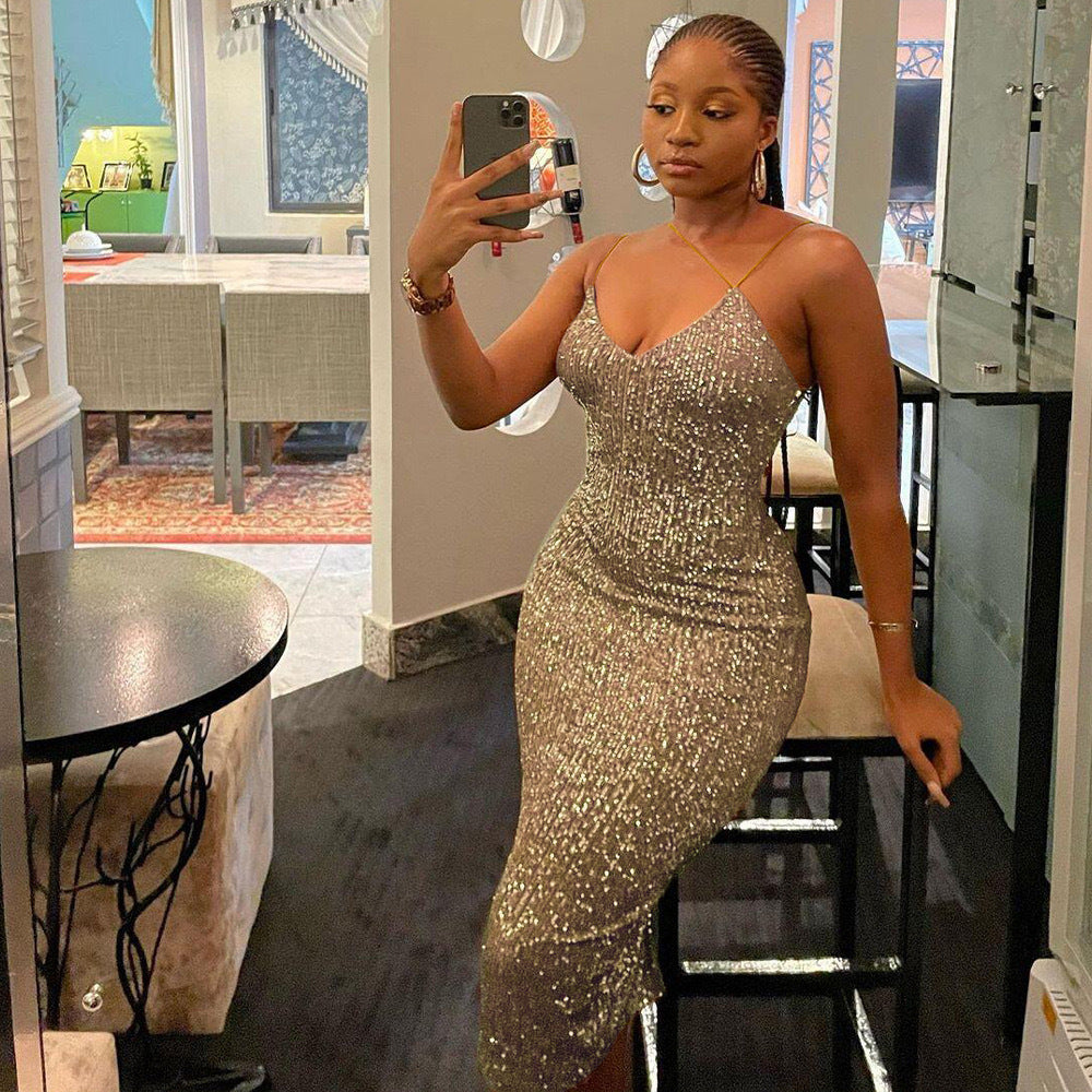 Women sequined suspenders sexy Backless Bodycon Dress