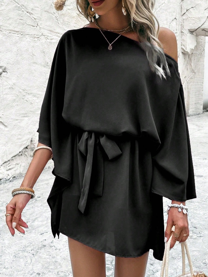 Women Satin Off-shoulder Asymmetrical Dress 18