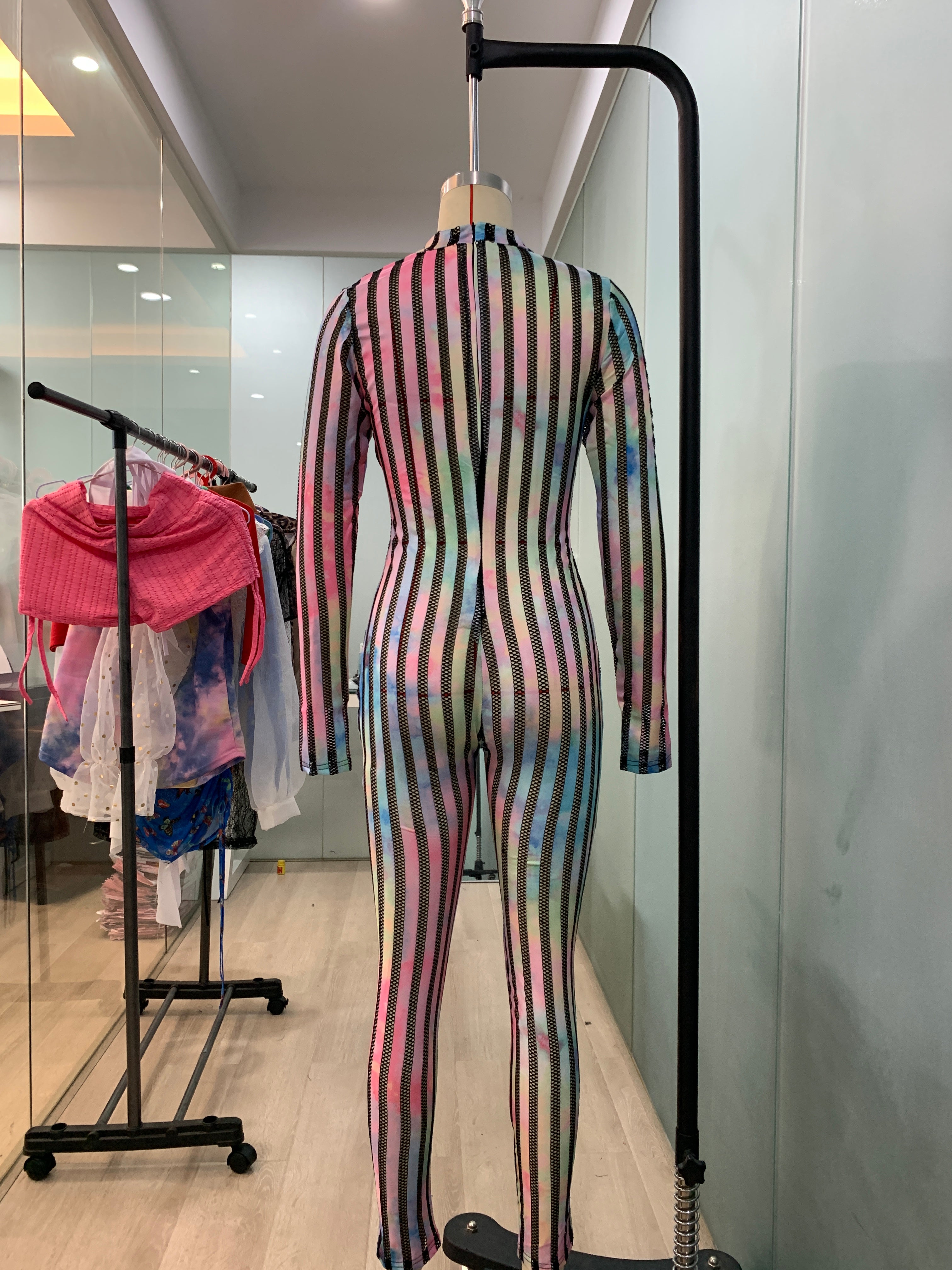 Striped Mesh Patchwork Casual Sexy Stretch Jumpsuit 21