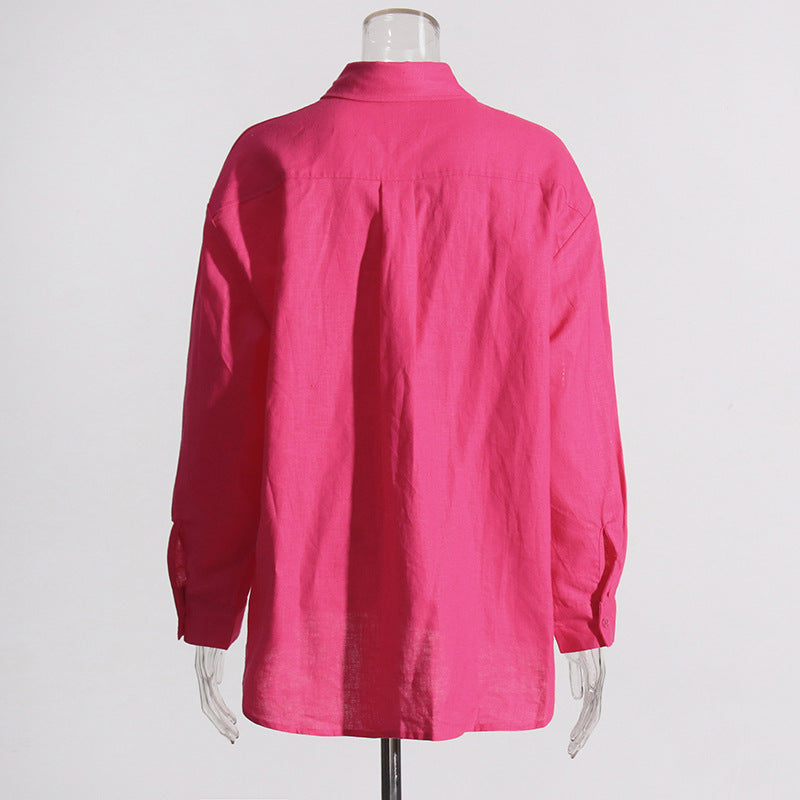 Women Turndown Collar long sleeve solid shirt Top and Casual shorts two-piece set 17