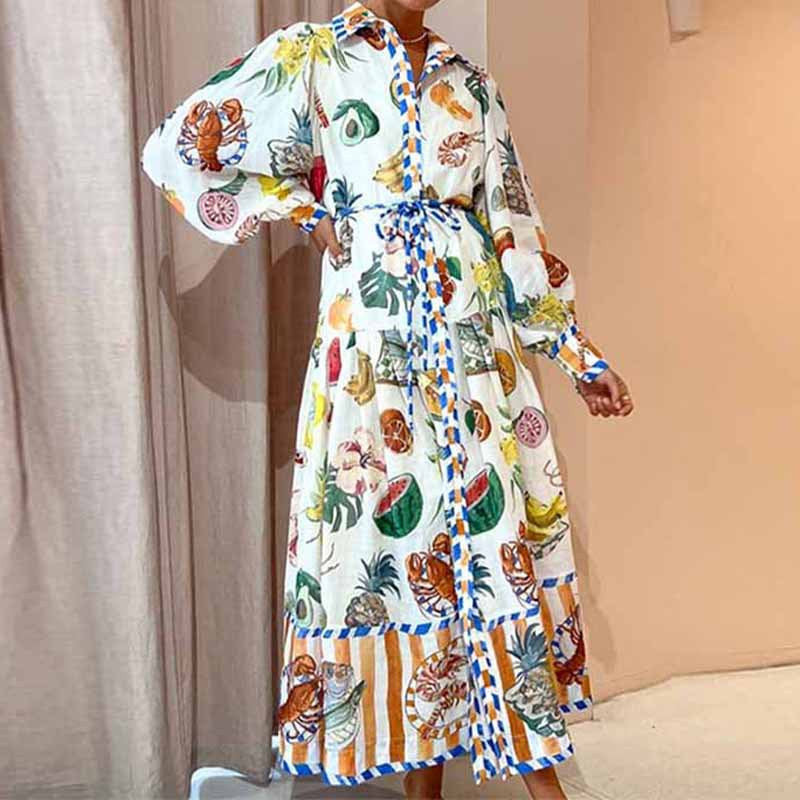 Women Chic Balloon Sleeve Turndown Collar Long Sleeve Dress 16