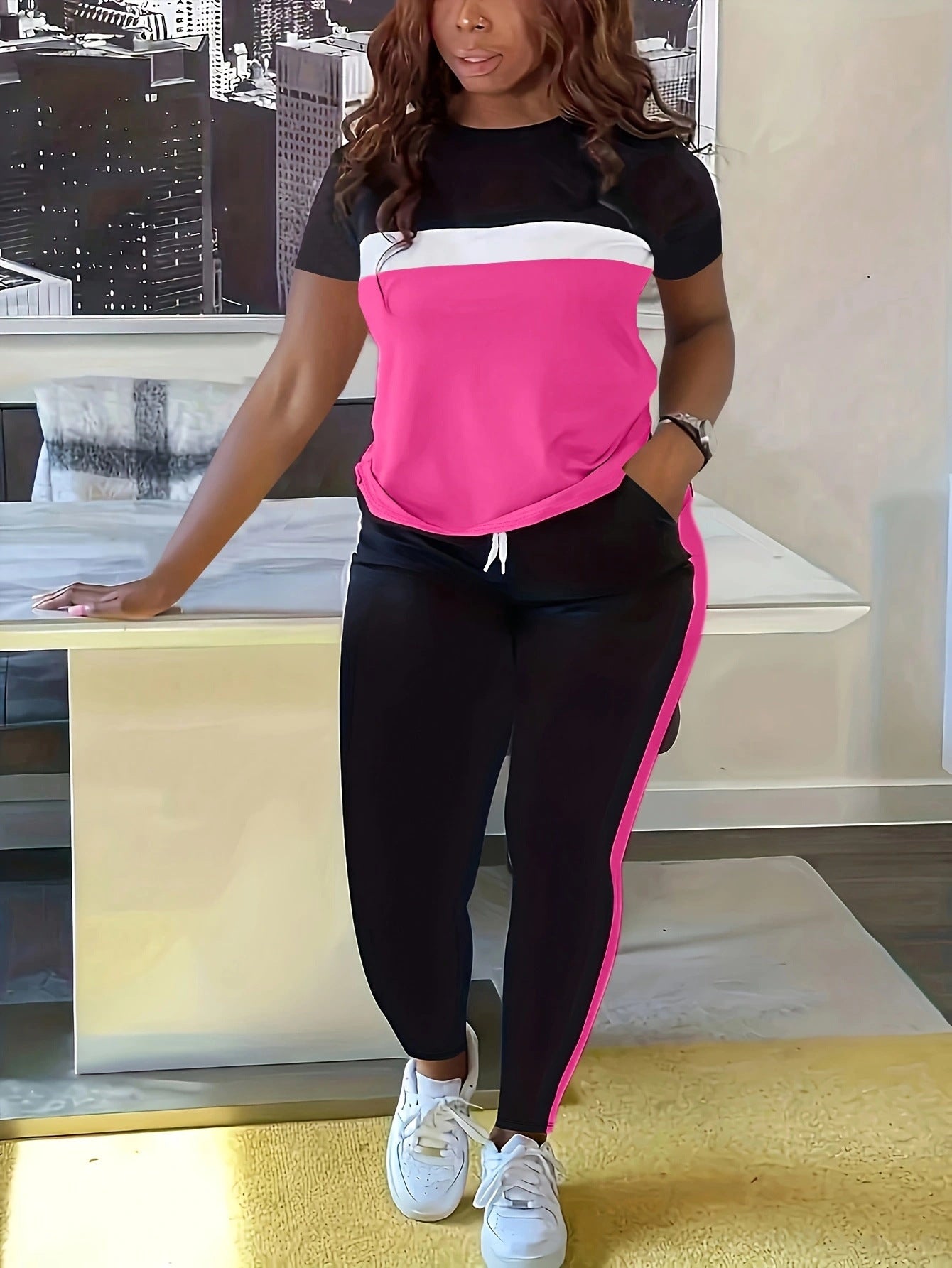 Women's Casual Striped Round Neck Short Sleeve Top Pants Set 3