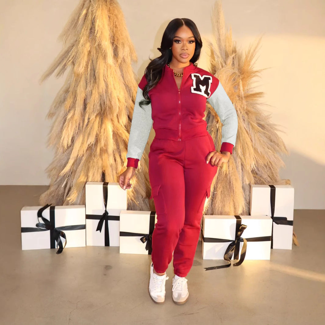 Women Casual Letter Printed Contrast Color Long Sleeve Zipper Top and Pants Two Piece Set