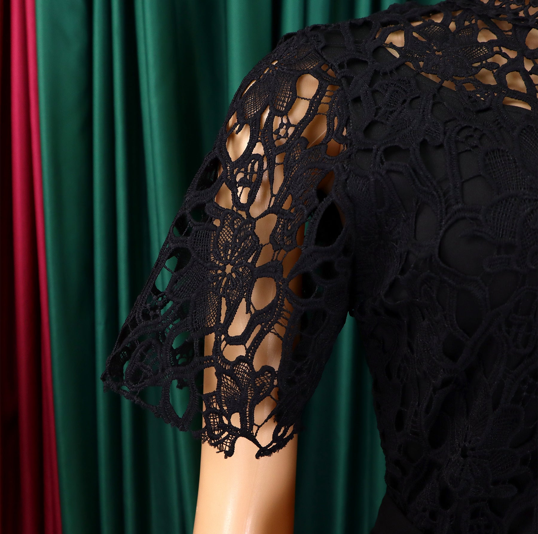 Women's Sexy Lace Hollow Short Sleeve Belt High Waist Wide Leg Jumpsuit 23