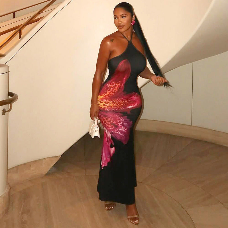 Women Floral Print Halter Neck Lace Sleeveless Bcakless Maxi Dress 22