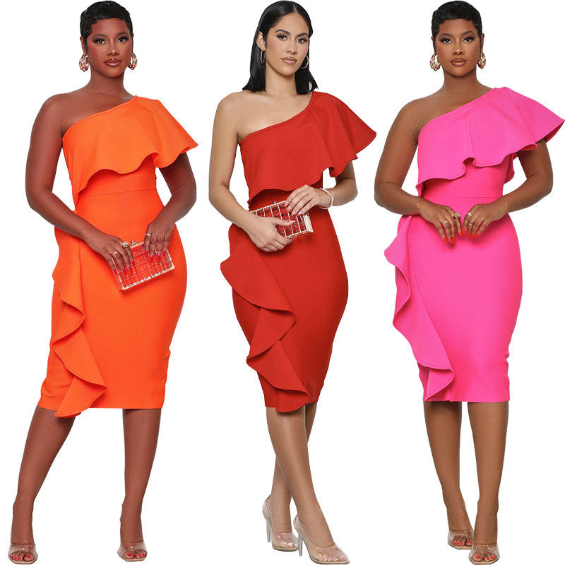 Women Summer Slanted Shoulder Ruffle Bodycon Dress