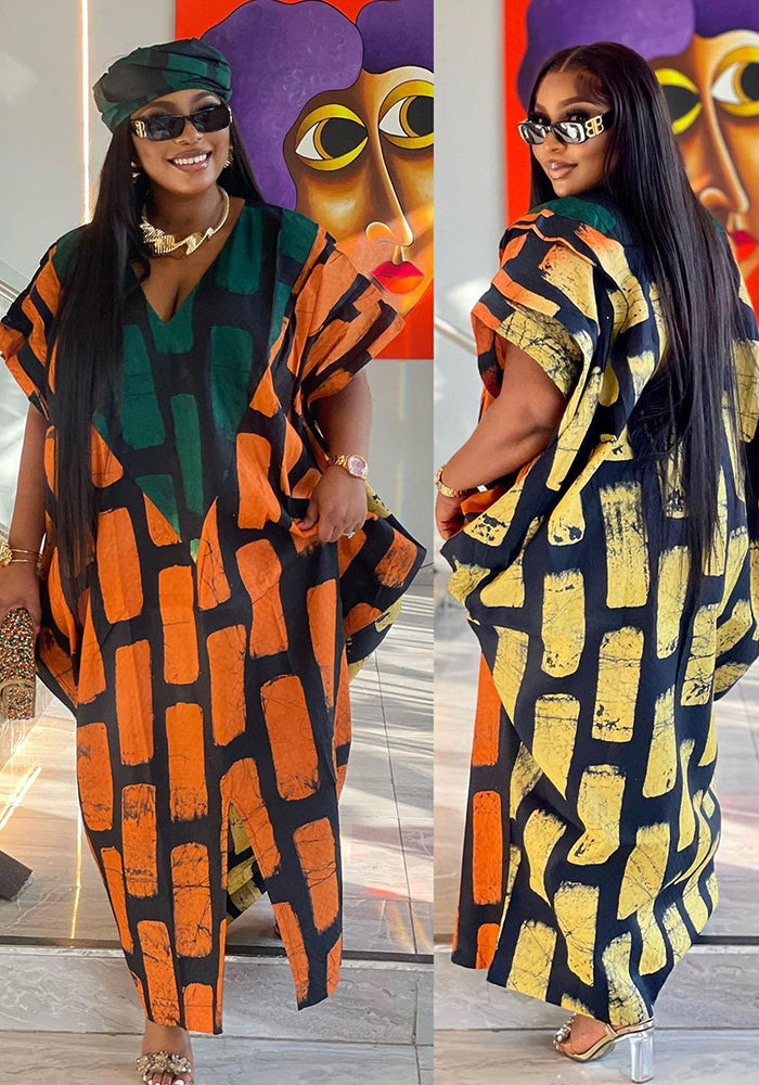 Women Contrast Print Loose Slit Dress