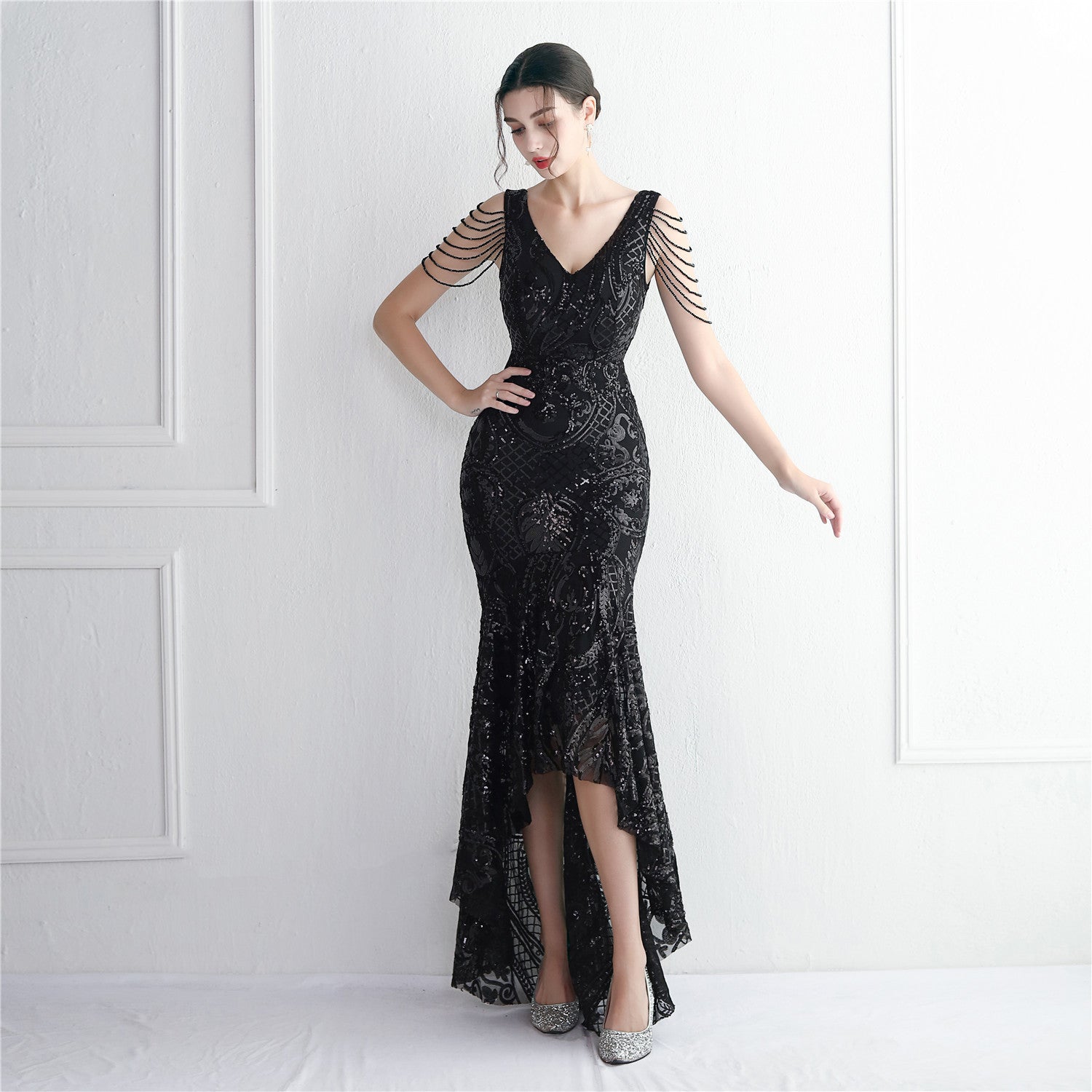 Large Swing Long Dress Beaded Chic Elegant Annual Conference Long Fishtail Sequin Sexy Dress 10