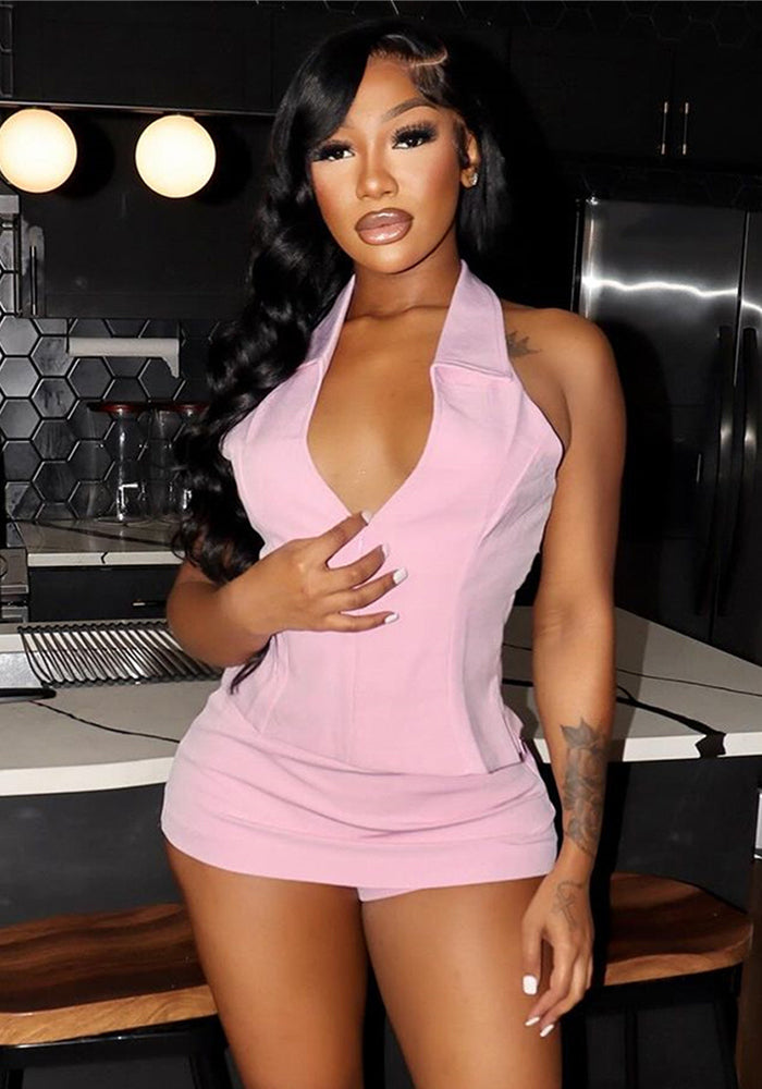 Fashion solid color low back sexy zipper turn-down collar short vest and shorts set