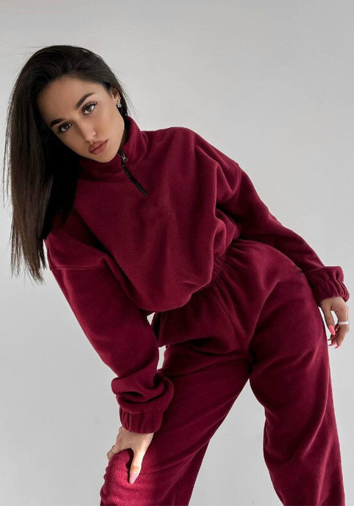 Women Casual zipper Stand Collar Hoodies and Pants two-piece suit