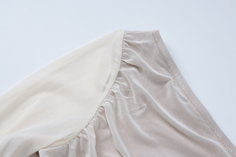 Spring Women Long Sleeve Mesh Patchwork Slash Shoulder Pleated Dress 12