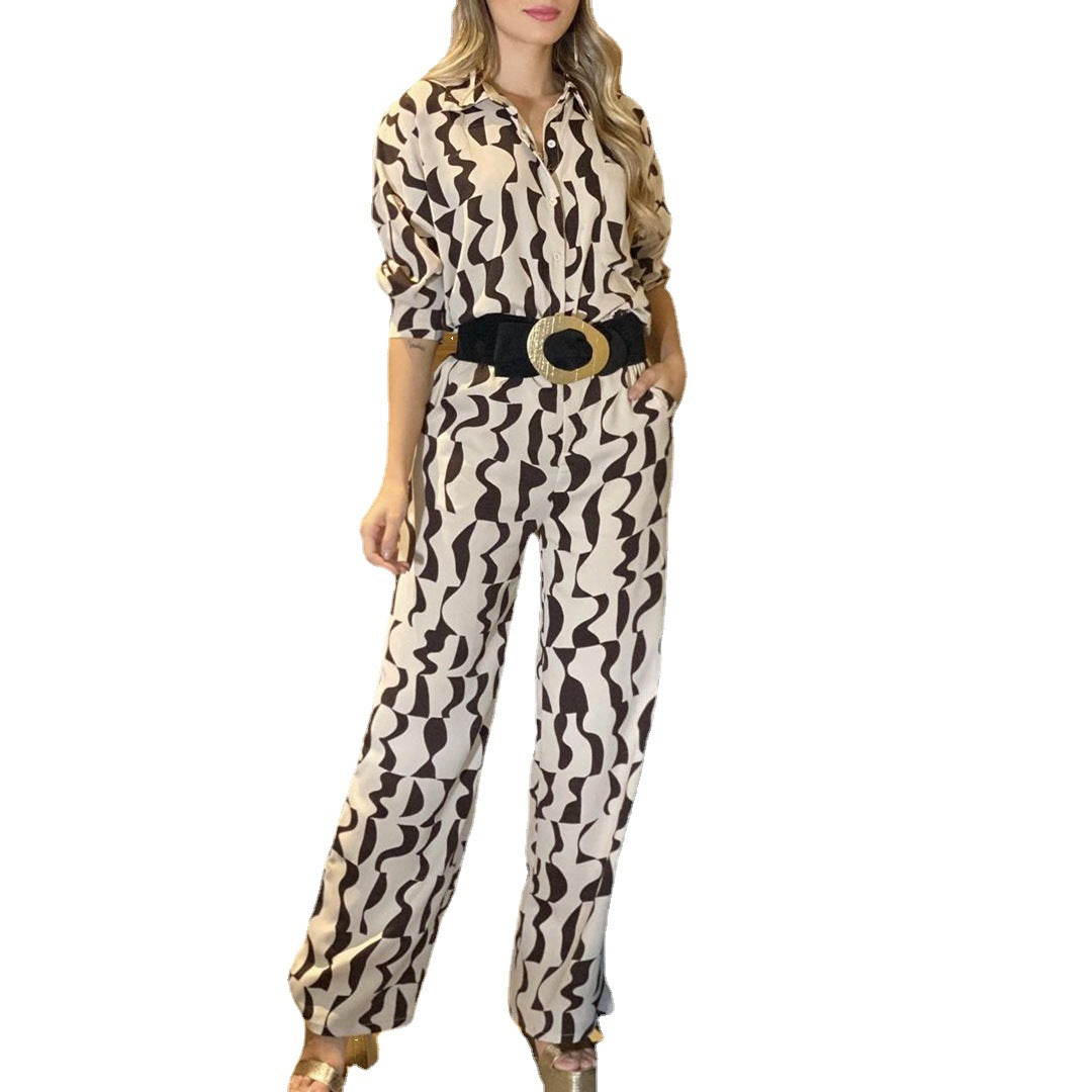 Women's Fashion Print Turndown Collar Long Sleeve Casual Shirt High Waist Straight Pants Set 6
